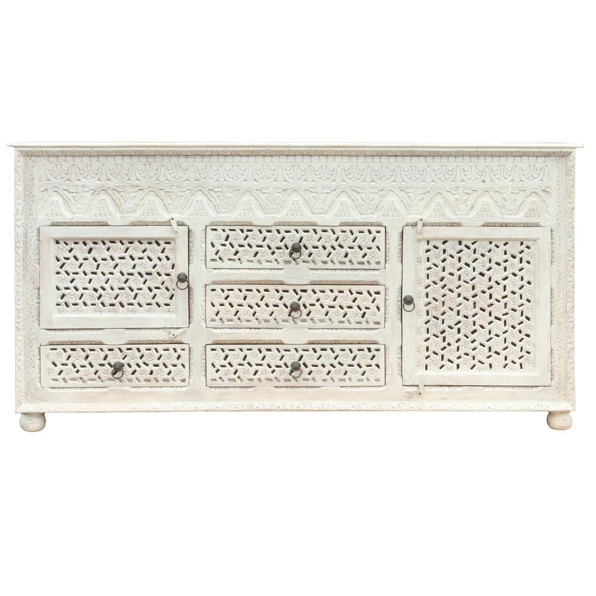 Oriental Galerie Unterschrank Weiß Whitewash Sideboard Tamani Indien 195cm Kommode, Massivholz, Wohnzimmer