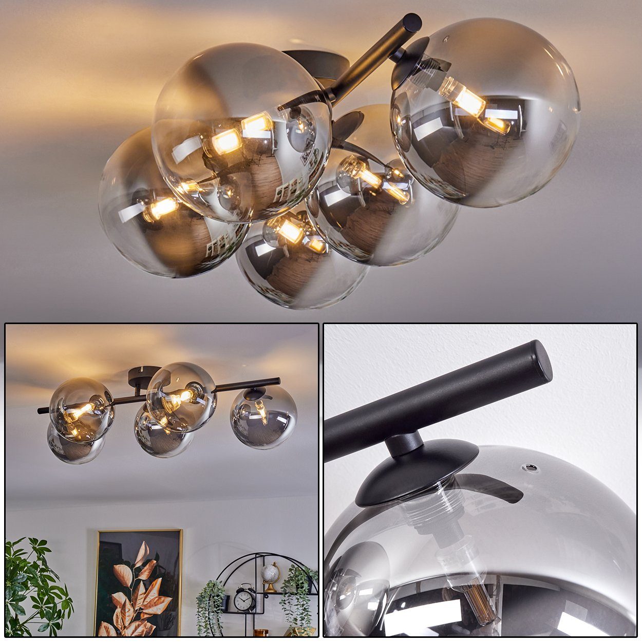 hofstein Deckenleuchte Deckenlampe aus Metall/Glas in Schwarz/Rauchfarben/Klar, ohne Leuchtmittel, Leuchte im Retro-Design aus Glas, 5 x G9 LED, ohne Leuchtmittel