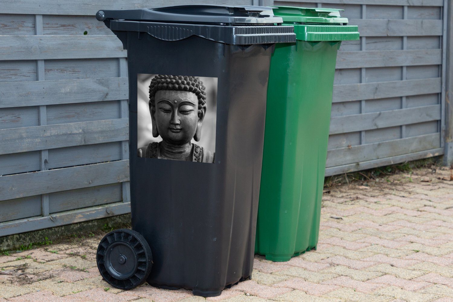 Mülleimer-aufkleber, (1 Container, Sticker, Buddha - St), Buddha-Statue Abfalbehälter Wandsticker - Spiritualität Religion Mülltonne, Grau - MuchoWow -