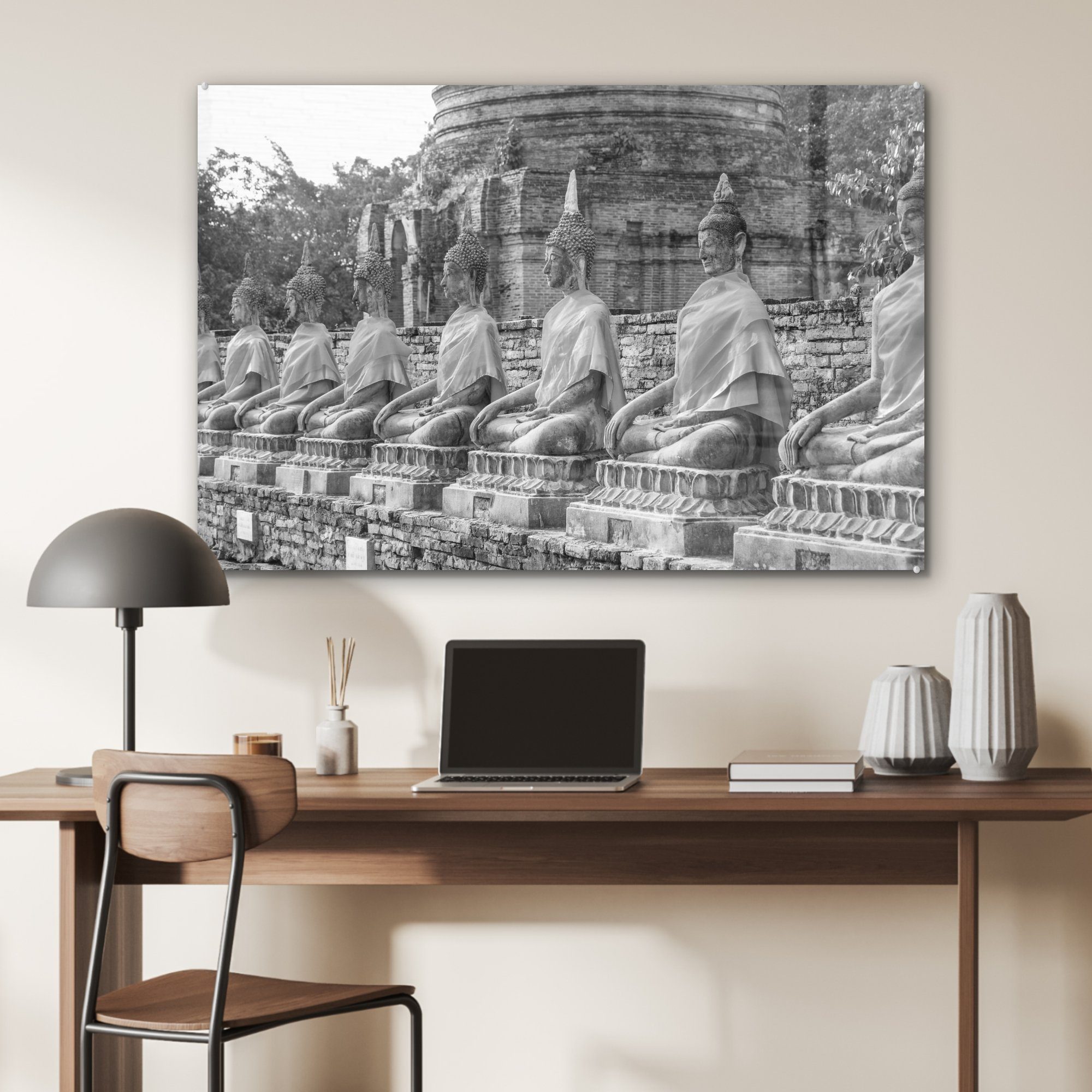 MuchoWow Acrylglasbild Buddhas im Wohnzimmer Thailand Wat Chaiwatthanaram-Tempel - Weiß, Schwarz (1 St), Acrylglasbilder Schlafzimmer und in &