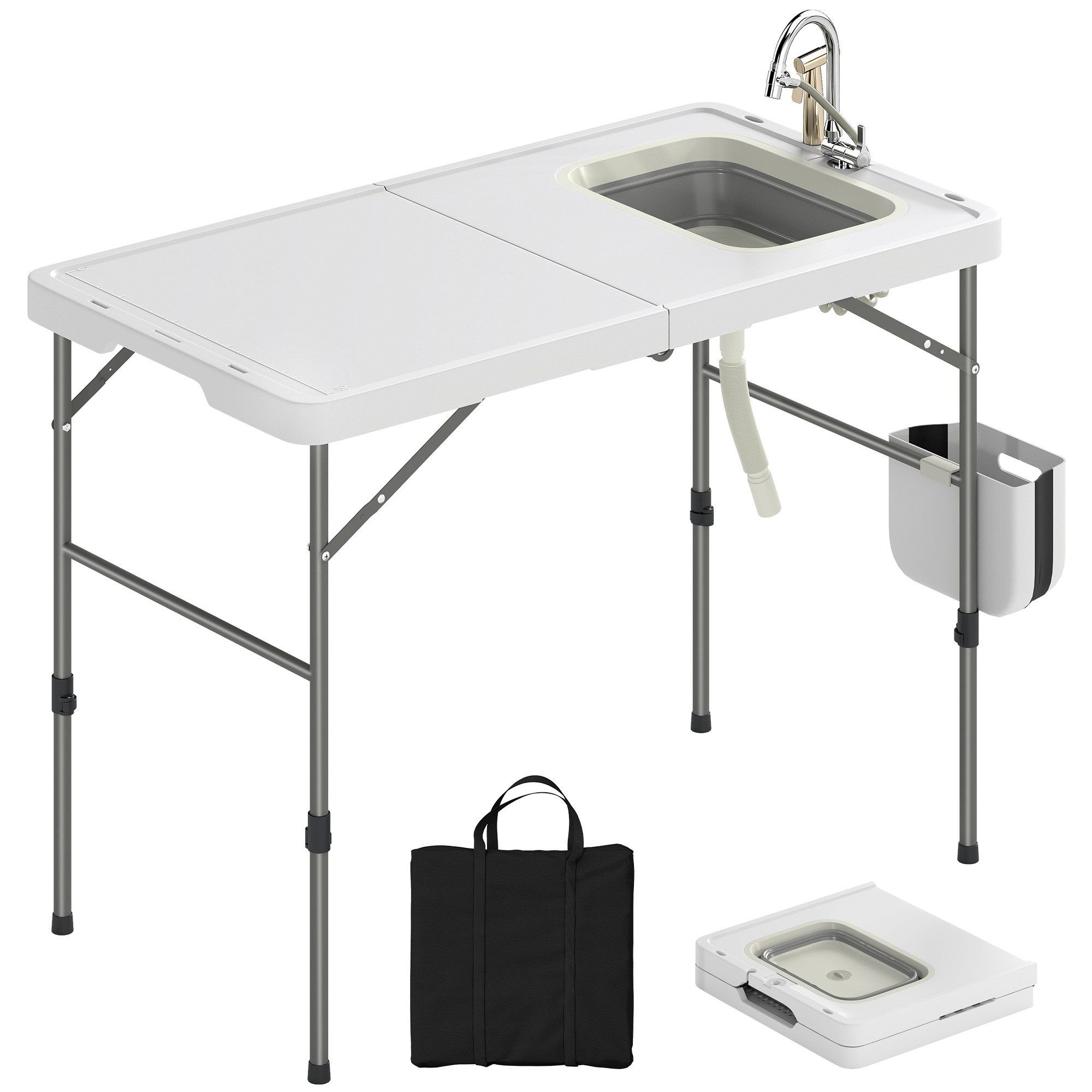 kowdom Waschschüssel Outdoor Klappspültisch höhenverstellbar mit Wasserhahn (Einzelstück, Einzelartikel), höhenverstellbar, klappbar, wetterfest, tragbar