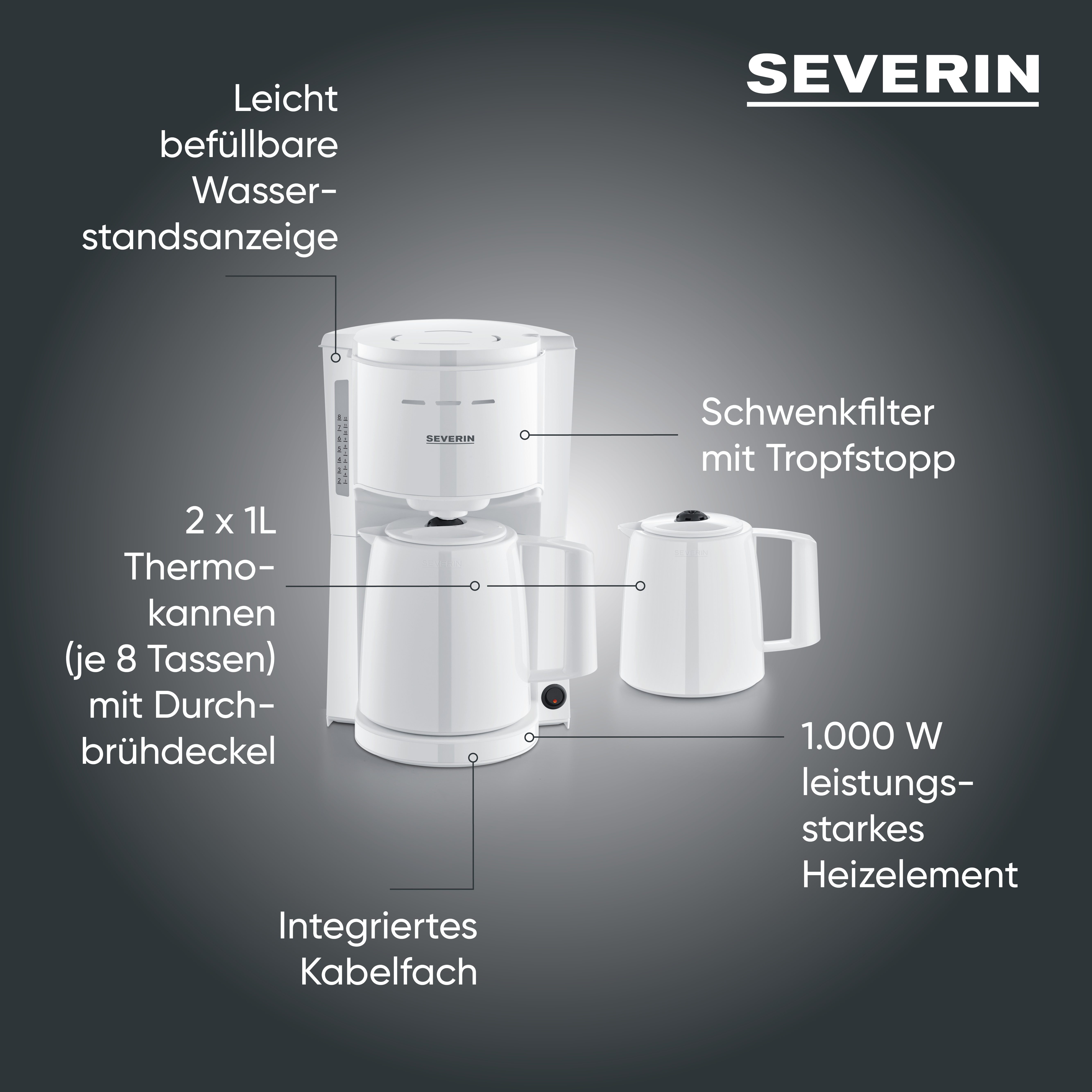 Severin Filterkaffeemaschine KA 9309 mit 2 Thermokannen, 1l Kaffeekanne, Papierfilter 1x4, zwei Theromkannen für doppelten Kaffeegenuss