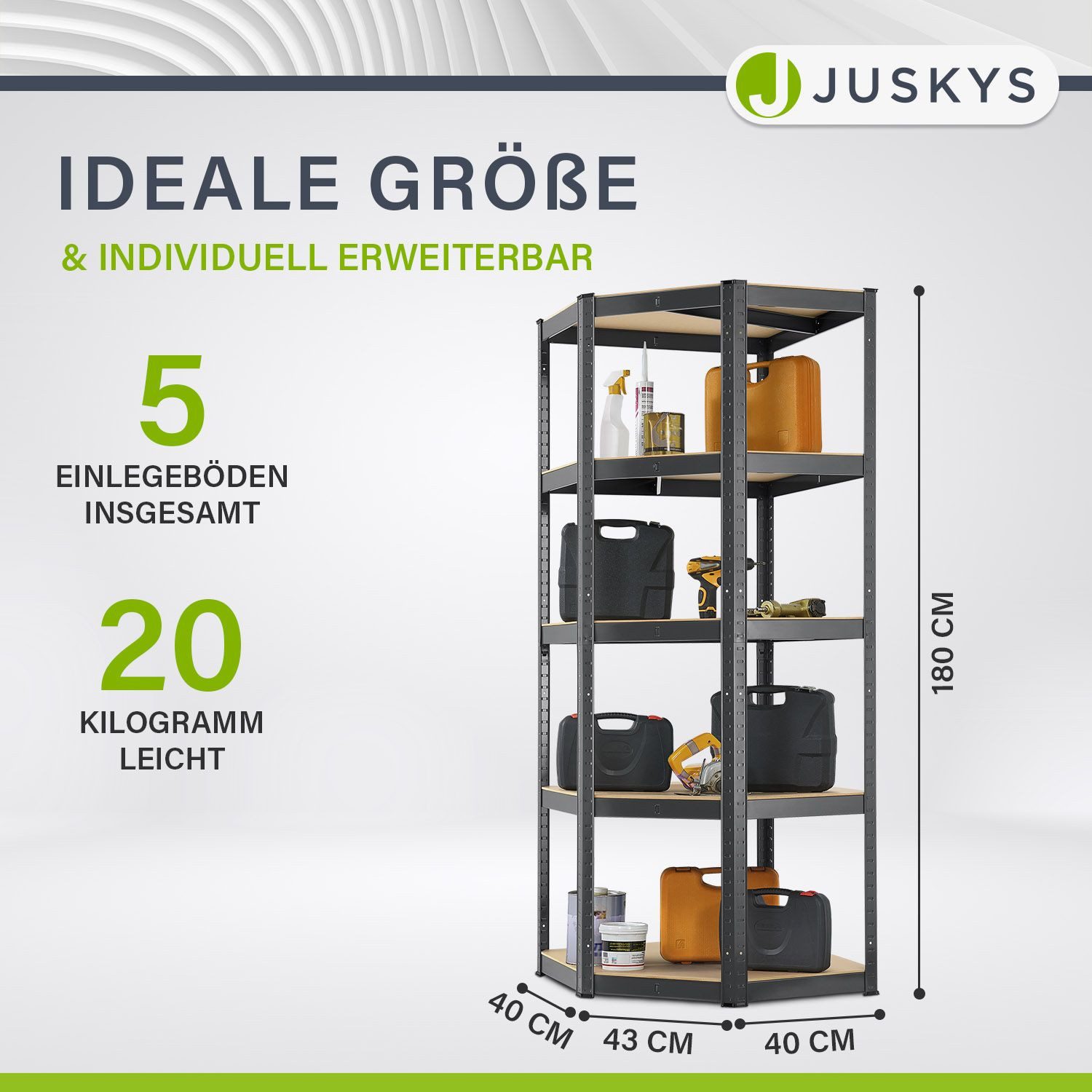 Juskys Eckregal Corner Basic, 5 Böden aus MDF-Holz, 175kg Traglast je Boden, Abstände frei wählbar