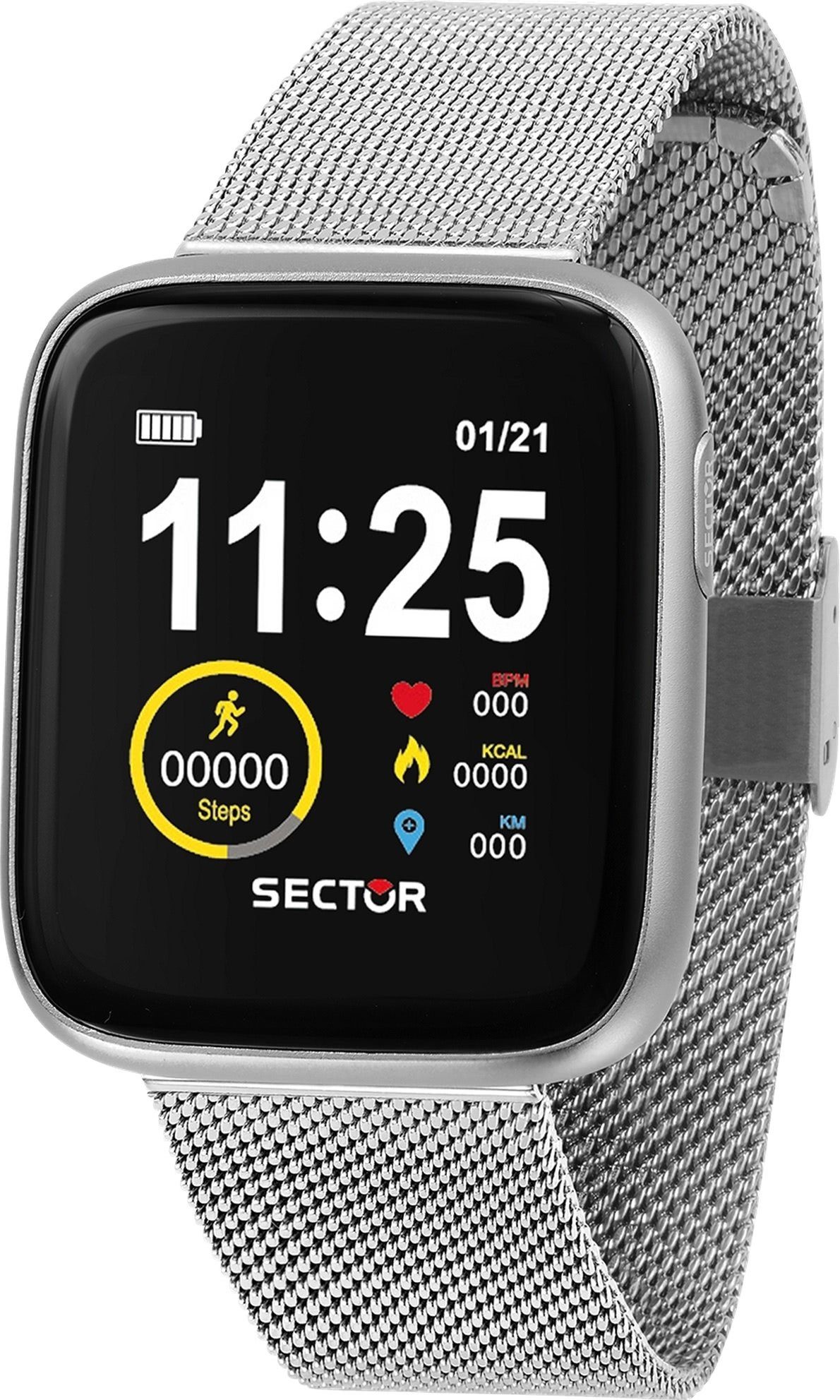 Sector Sector Herren Armbanduhr Analog-Digit Smartwatch, Analog-Digitaluhr, Herren Smartwatch eckig, extra groß (ca. 48mm), Edelstahlarmband silbe