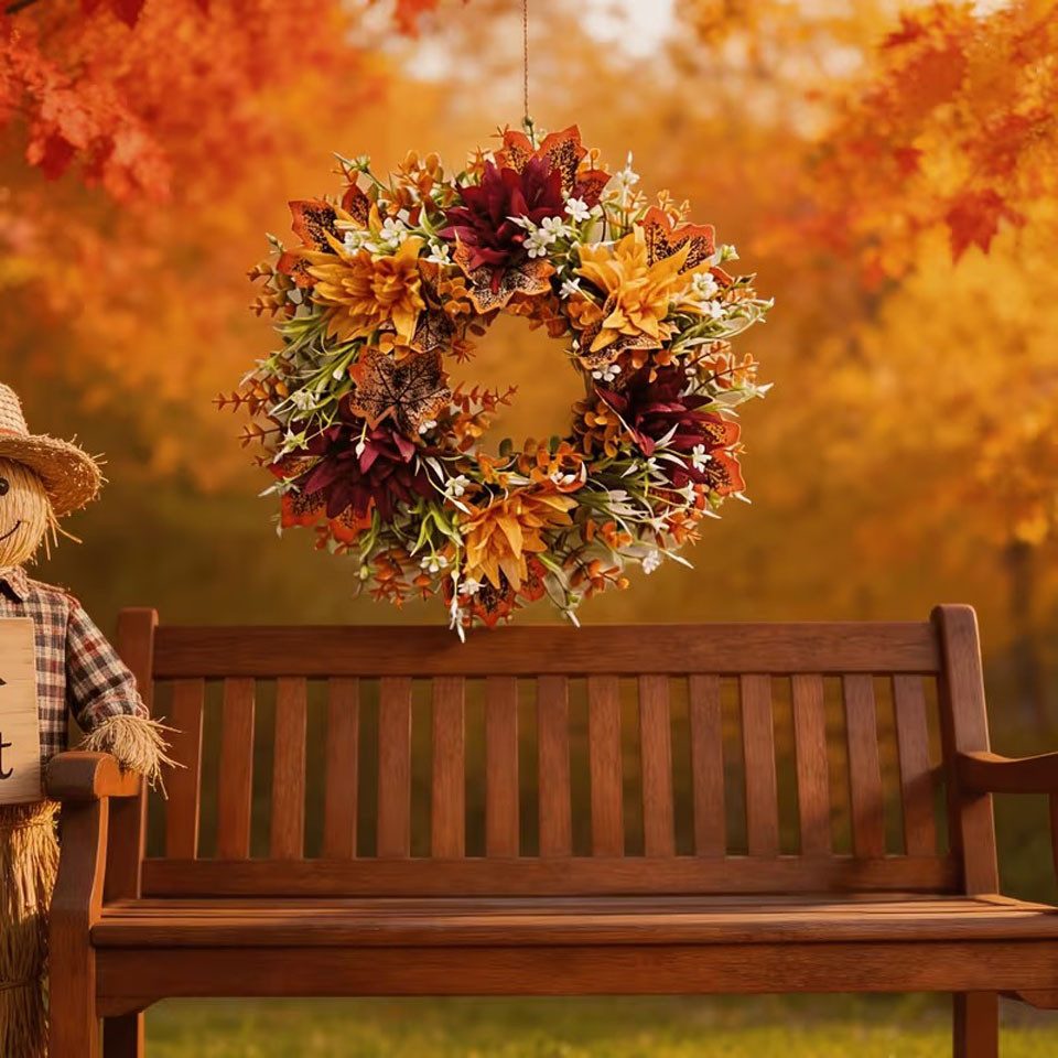 Diwzbyn Dekokranz Herbstlicher Thanksgiving-Kranz, Herbstlicher Ahornblatt-Kranz, geeignet zur Dekoration von Wänden, Veranden und Wohnzimmern – Bild 5 von 5