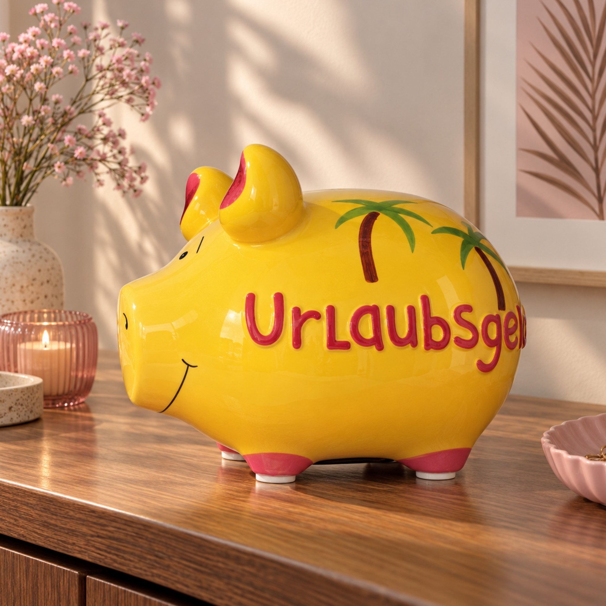 matches21 HOME & HOBBY Spardose Lustige Spardose Sparschwein URLAUBSGELD bunt 12,5 cm, Keramik Kinder Erwachsenen Sparbüchse - Gummistopfen zum Öffnen
