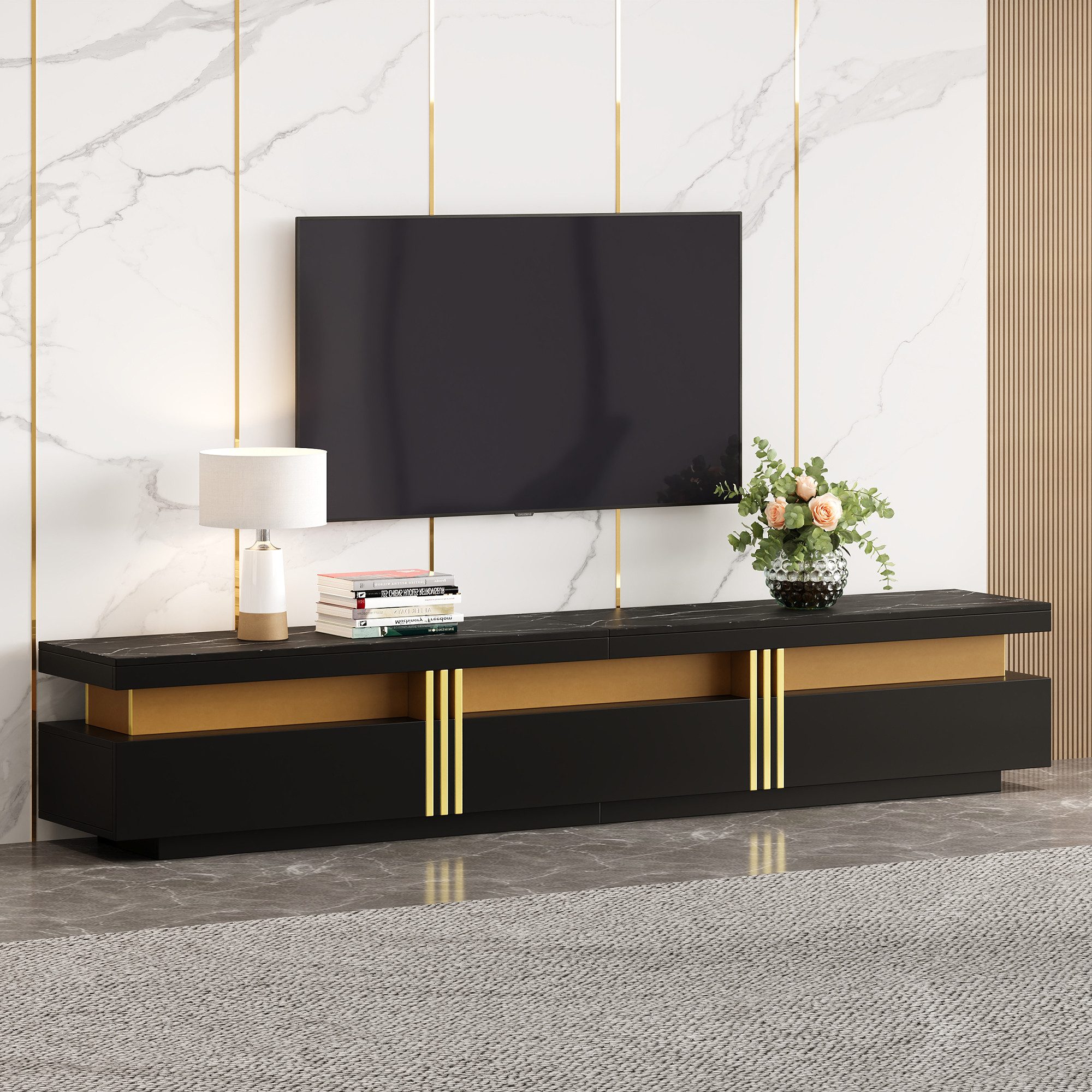 STILVORA Wohnzimmer-Set mit Schubladen,Lowboard TV-Schrank mit Marmor-Optik&Kabelmanagement, (TV-Board, TV-Kommode, Fernsehtisch, 1-St., 3 Schubladen und 1 Kabelmanagement), für Fernseher bis 90 Zoll