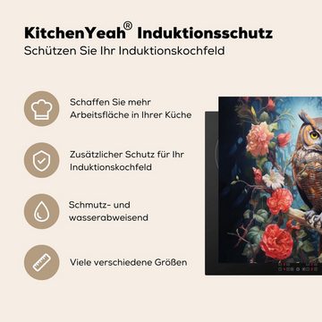 MuchoWow Herdblende-/Abdeckplatte Eule - Blumen - Vögel - Rosa, Vinyl, (1 tlg), 59x51 cm, Induktionsschutz, Induktionskochfeld, Ceranfeldabdeckung