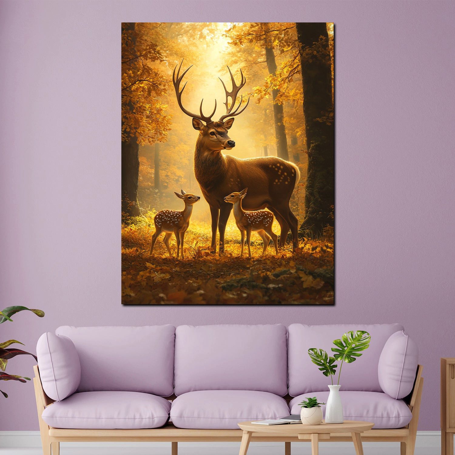 Artedinoi Leinwandbild Hirsche Geborgenheit Herbstwald Leinwandbild Wandbild Kunstdruck XL Wa, Hirsche im Herbstwald