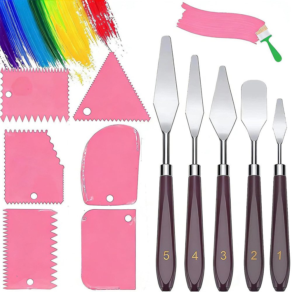 AFKSMILE Malpinsel 11 Stück Spachtel Set Acrylmalerei,für Strukturpaste,Aquarell,Gouache, 5 Stück Edelstahl Malmesser und 6 Stück Plastik Zahnspachtel