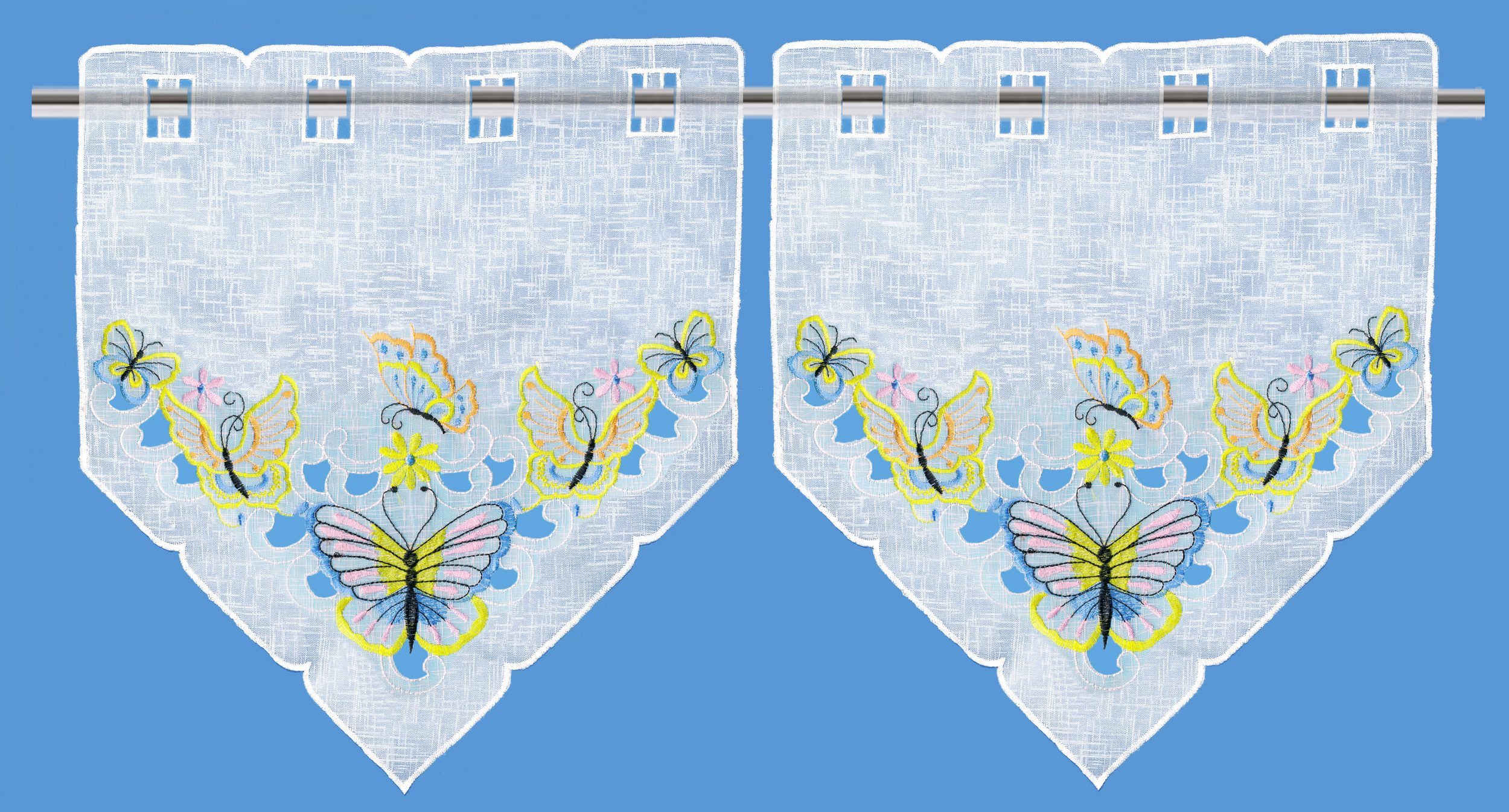 Delindo Lifestyle Scheibengardine Schmetterlinge (2 St), Stangendurchzug, halbtransparent, mit filigraner Stickerei