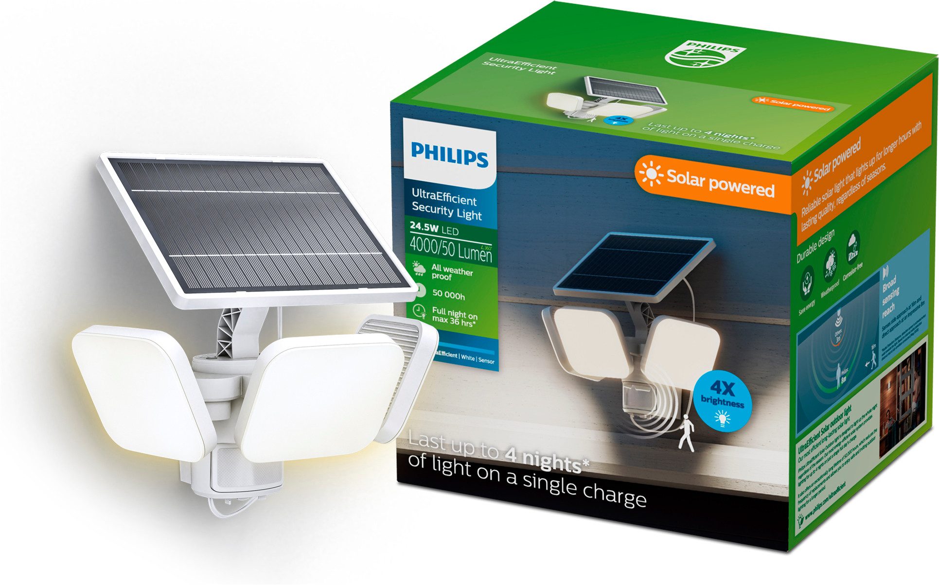 Philips LED Flutlichtstrahler Outdoor Ultra-Efficient Solar Zyren Sicherheitslicht, Abschaltautomatik, Bewegungsmelder, Tageslichtsensor, LED fest integriert, Kaltweiß, 24,5W,Tageslicht-/Bewegungssensor,wahlweise warm-oder kaltweißes Licht