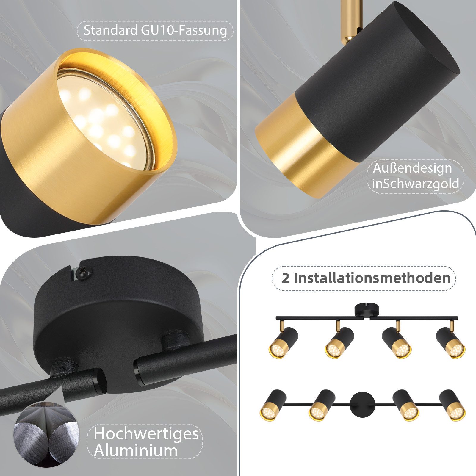 ZMH Deckenstrahler 2/3/4 Flammig-GU10 Schwarz-Gold Modern Deckenlampe für Wohnzimmer, ohne Leuchtmittel – Bild 4 von 5