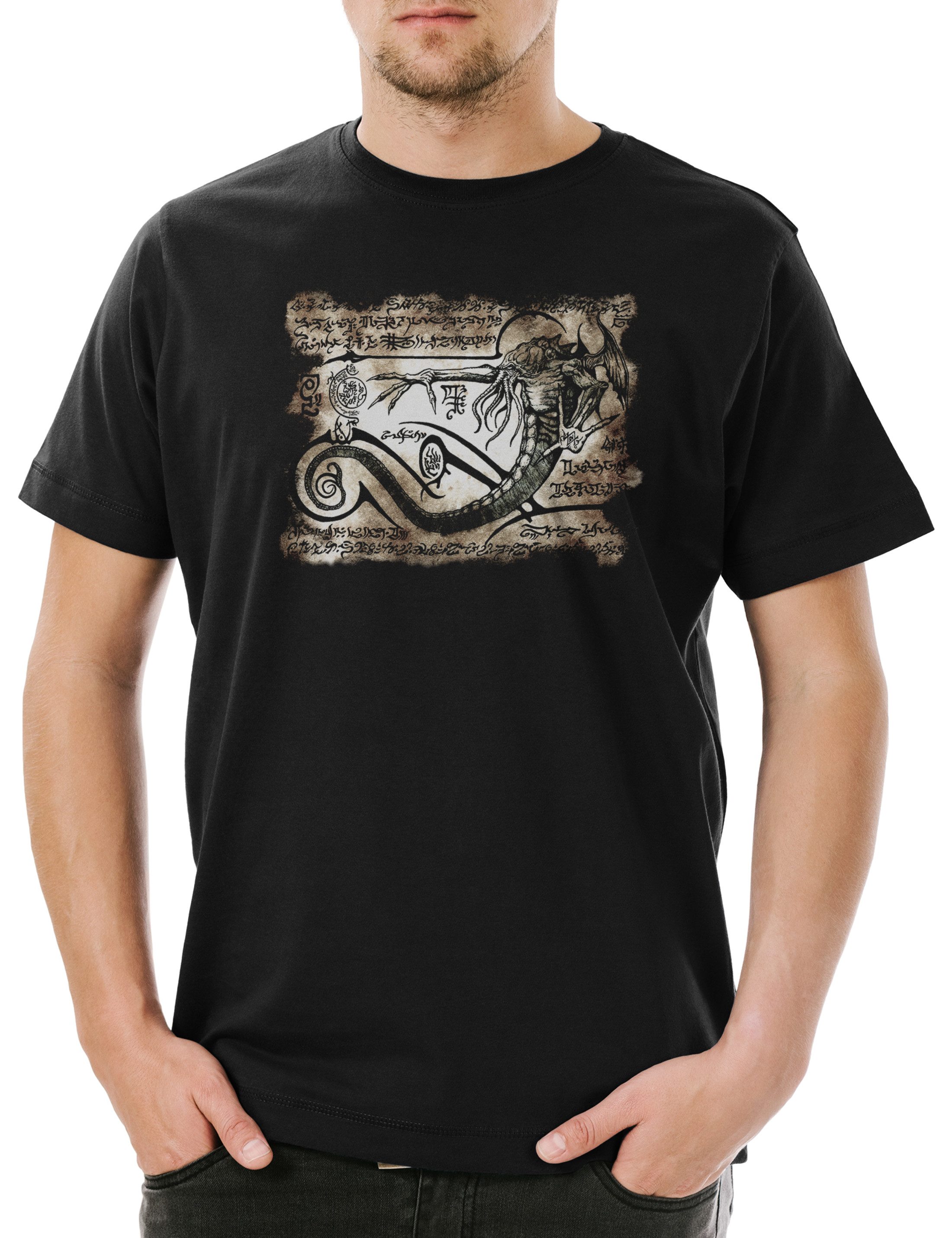 Print-Shirt Cthulhu Necronomicon Piece Herren T-Shirt Alien Ufo Sanscrit TR3B