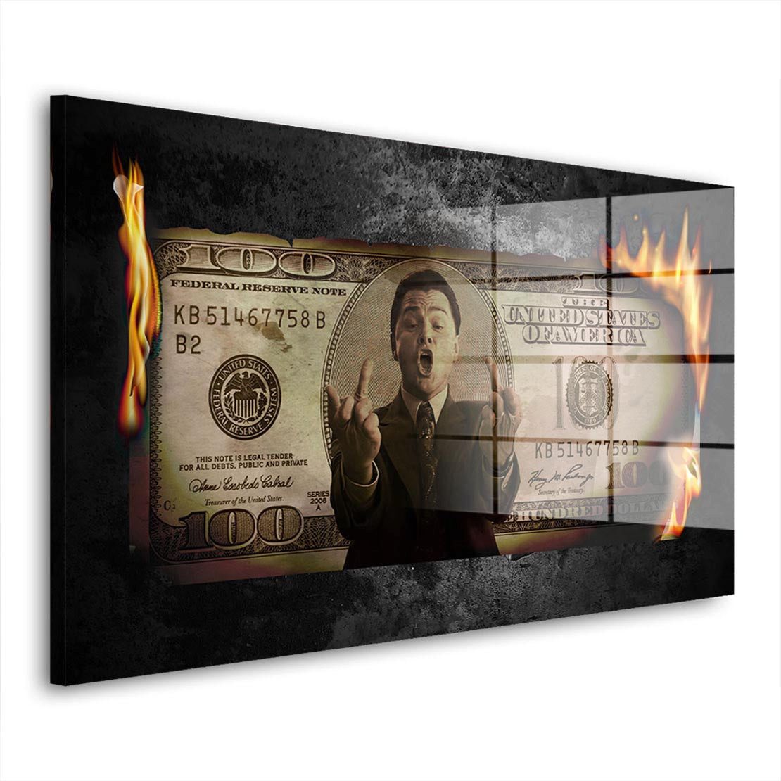 Artedinoi Acrylglasbild Burning Dollar Acrylglasbild Wandbild Pop Art Geld Rot Modern XXL, Brennender Dollarschein in intensiven Flammenfarben