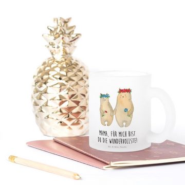 Mr. & Mrs. Panda Teeglas Bären mit Blumenkranz - Transparent - Geschenk, Teetasse aus Glas, Mu, Premium Glas, Liebevolles Design