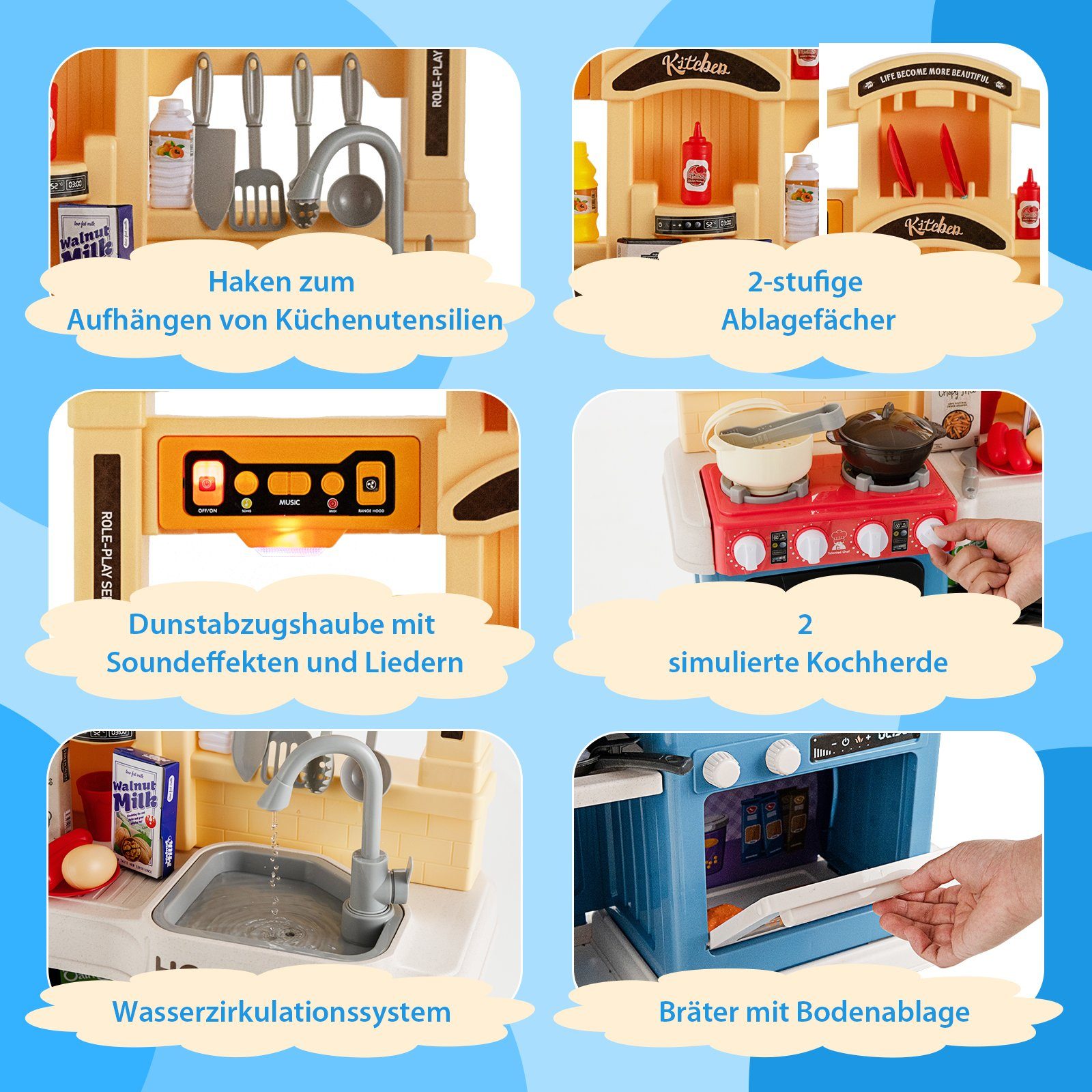 COSTWAY 65-tlg. Spielküche Für Kinder - Mit Licht, Musik, Wasserpumpe & Sound Für Kinder Ab 3 Jahren