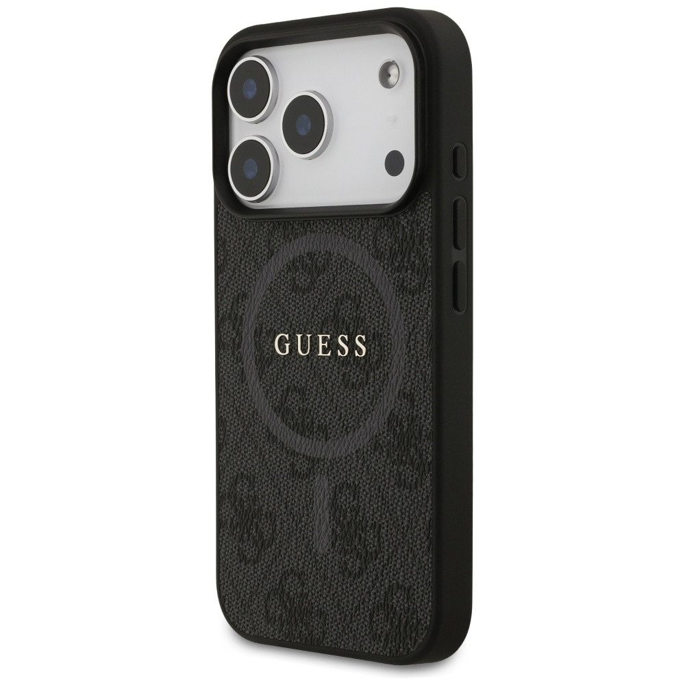 Guess Handyhülle MagSafe iPhone 17 Pro Kunstleder grau Logo Metall goldfarben 6,3 Zoll, Kantenschutz