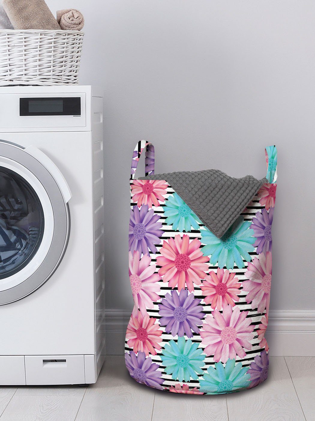 Abakuhaus Wäschesäckchen Wäschekorb mit Griffen Stripes Dahlie Waschsalons, über Bunte Kordelzugverschluss für Blüten