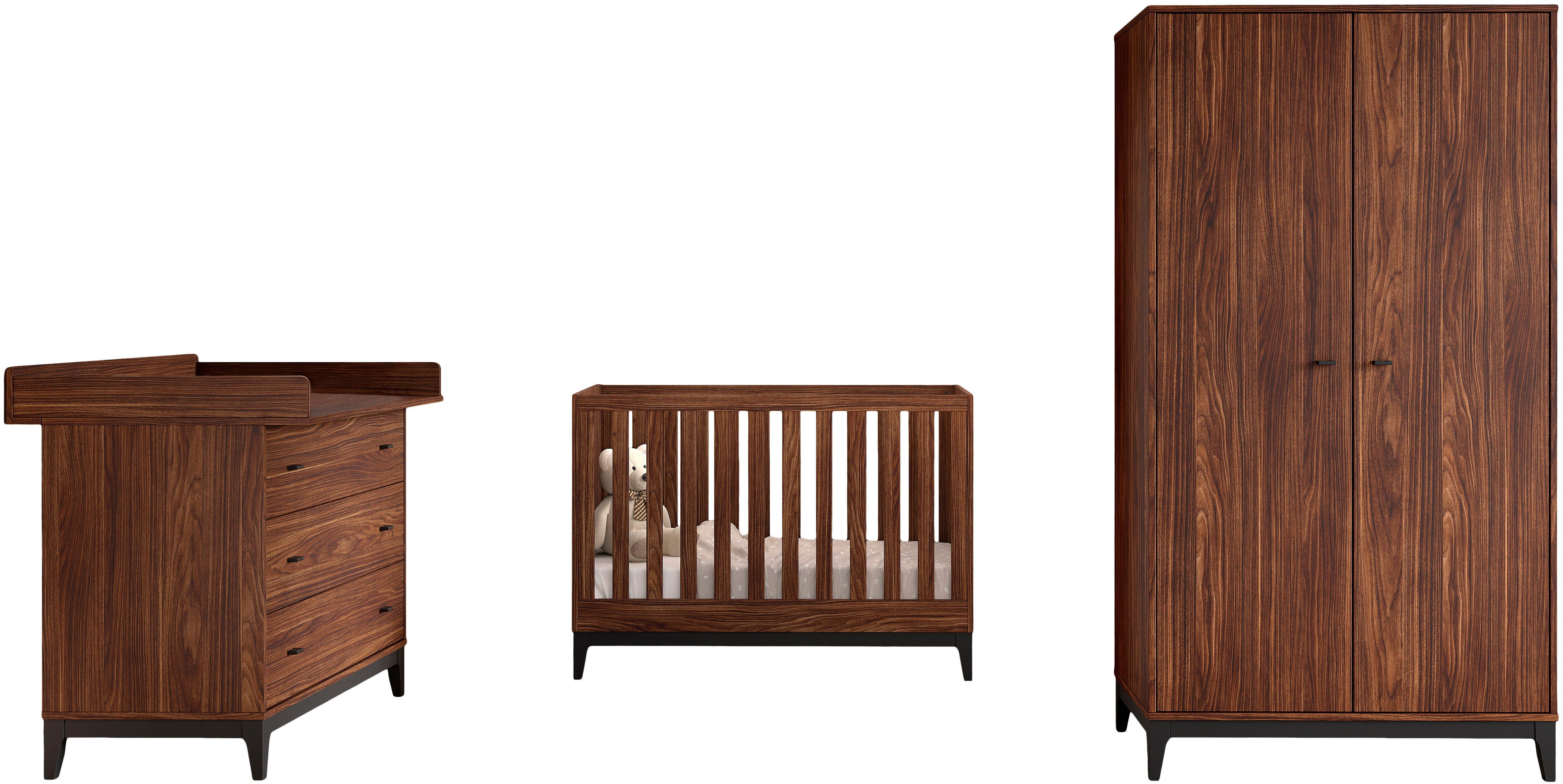 Vipack Babymöbel-Set Ilyas, das perfekte Set für Ihr Kinderzimmer, (4-tlg., Bett 60x120, Lattenrost 3-fach verstellbar, Kommode mit Wickelaufsatz), Pflegeleichte Oberfläche, Nussbaum Dekor