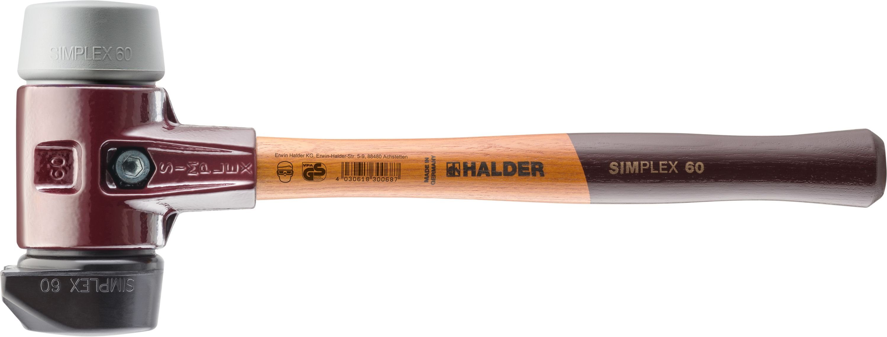 Halder KG Hammer Halder mittelhart - 60mm Simplex-Schonhammer 2 TPE Gummi Standfuß und 3023.260 mit Schlageinsätzen & mittelhart