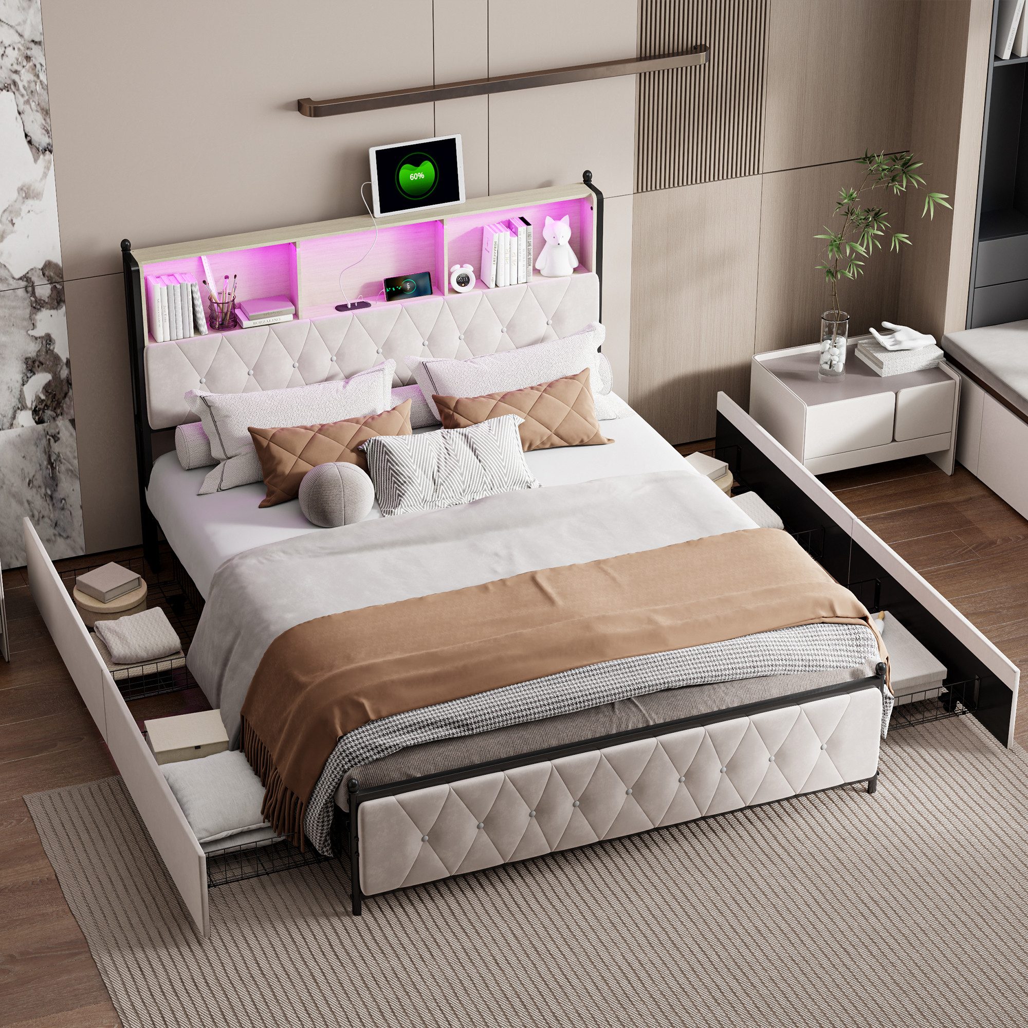 Furnishings Home Polsterbett Stauraumbett Doppelbett LED (1 tlg, Mit Vier e günstig online kaufen