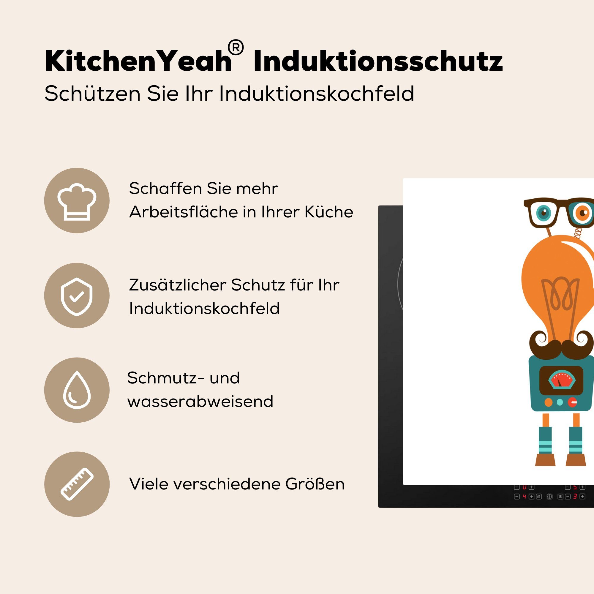 MuchoWow Herdblende-/Abdeckplatte Roboter (1 Arbeitsfläche - Vinyl, Schnauzbart Brille - Jungen, Ceranfeldabdeckung Mobile nutzbar, 60x52 Kinder - cm, tlg), 