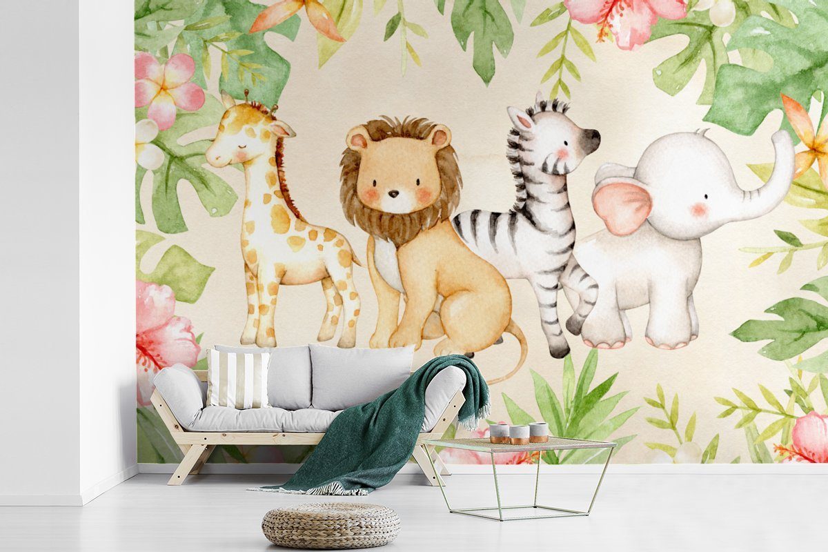 Schlafzimmer, bedruckt, Kinderzimmer, Fototapete Blumen Wohnzimmer, MuchoWow - St), für Pflanzen, Tapete Tiere Dschungel Vinyl Matt, - - Wallpaper (6