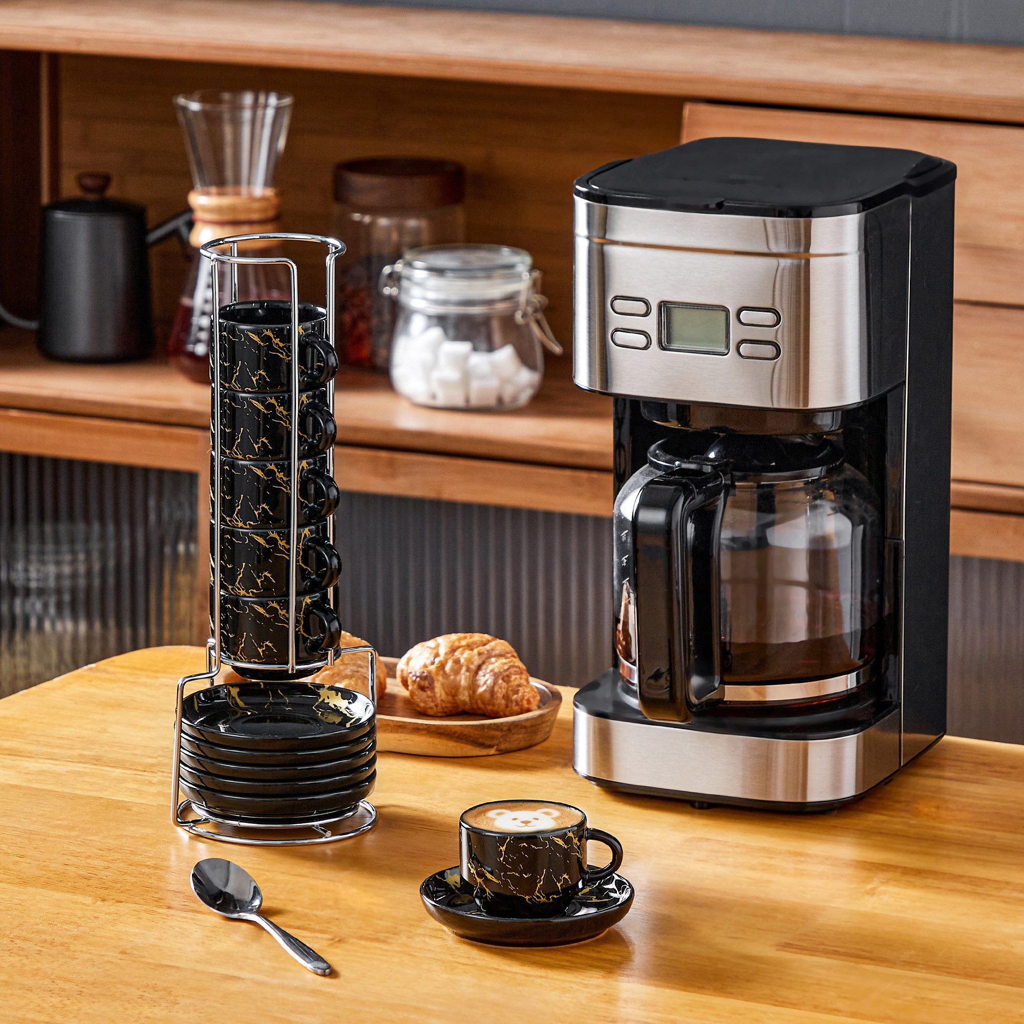 MALACASA Kaffeeservice Porzellan Espressotasse, Metallständer, Weiß/Schwarz/Marmor (6-tlg), 6 Personen, Porzellan