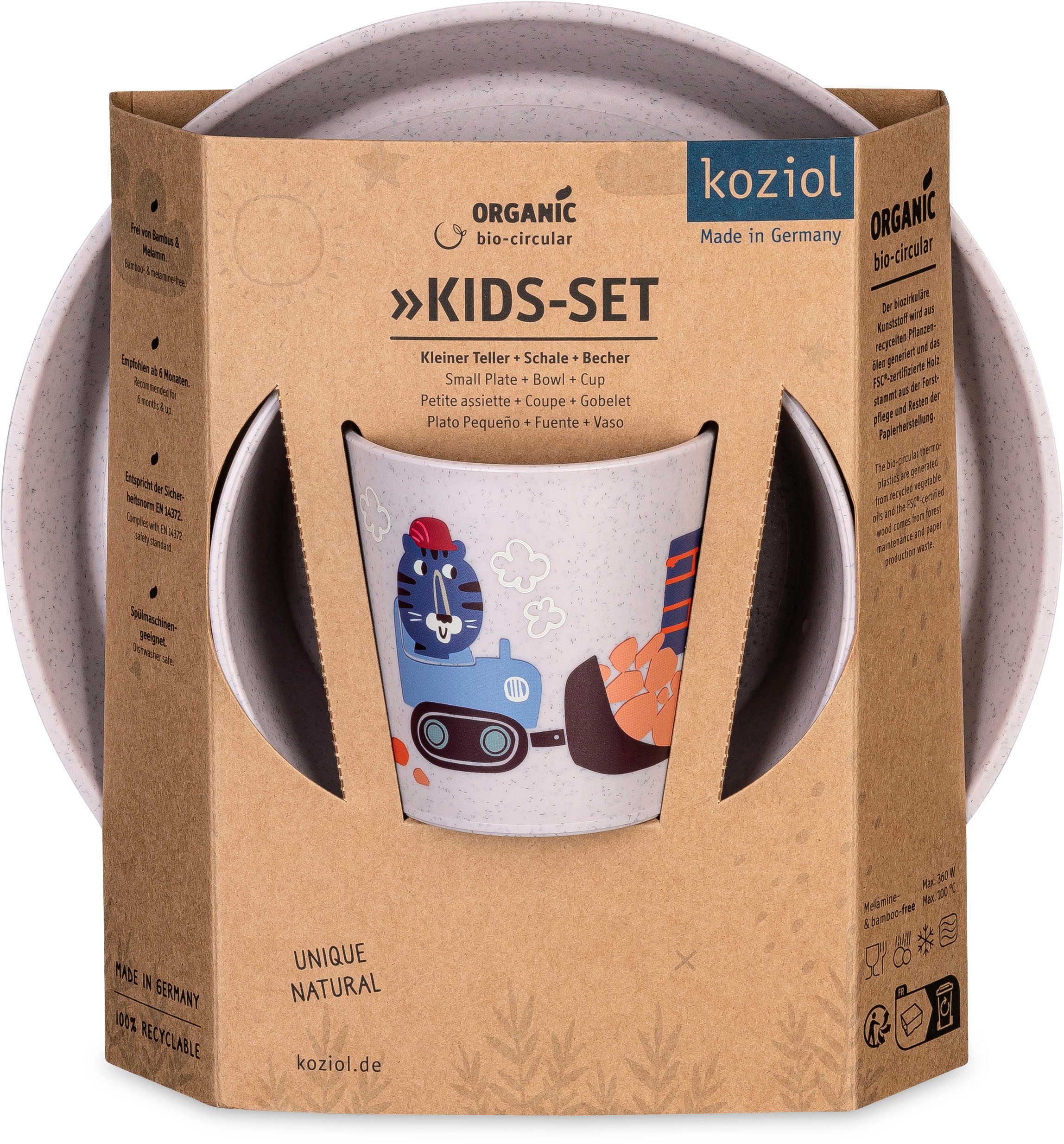 KOZIOL Kindergeschirr-Set Kleiner Teller + Schale + Becher CONNECT TRUCKS (3-tlg), 1 Personen, Kunststoff, 100% melaminfrei & recycelbar, CO² neutral in Deutschland produziert!