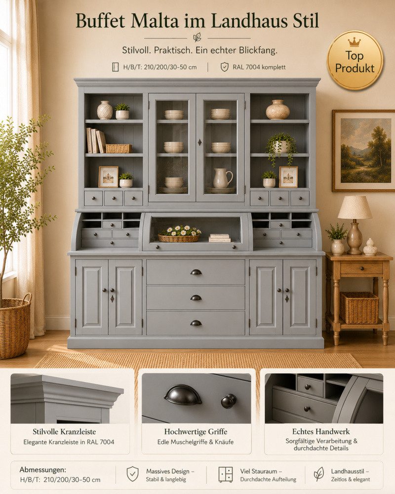Wohnpalast Buffet Landhaus Buffet Schrank Malta Ladenschrank signalgrau 200 cm