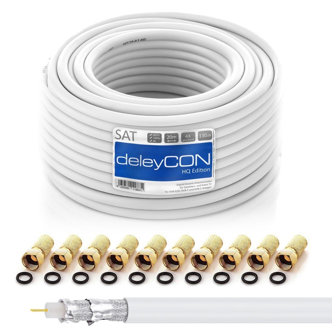 + 4x HDTV SAT HQ deleyCON geschirmt 10x SAT-Kabel - Kabel 20m 130dB F-Stecker deleyCON