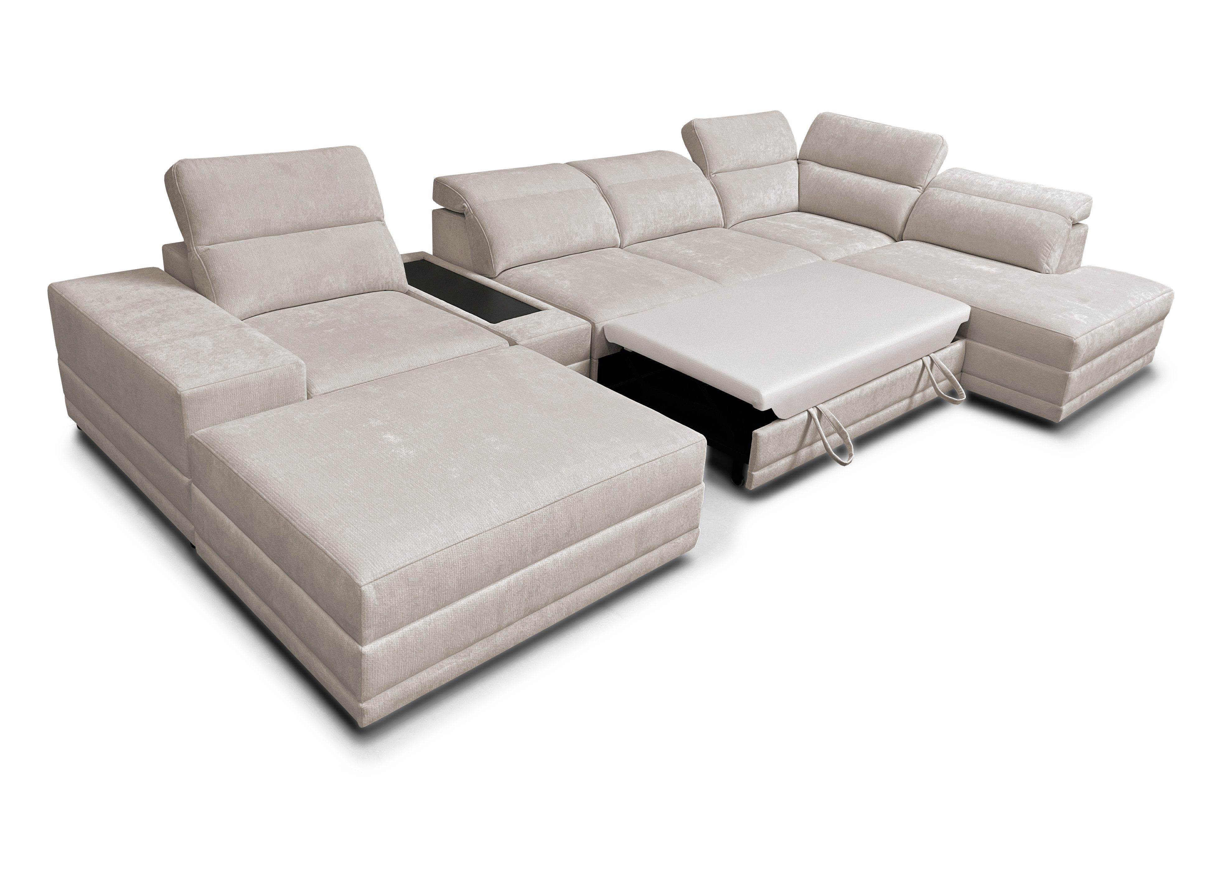 Möbel für Dich Wohnlandschaft Enzo 5 in U-Form mit Mittelkonsole und freistellbarem Hocker, mit Schlaffunktion, 2 Bettkästen und verstellbaren Kopfstützen