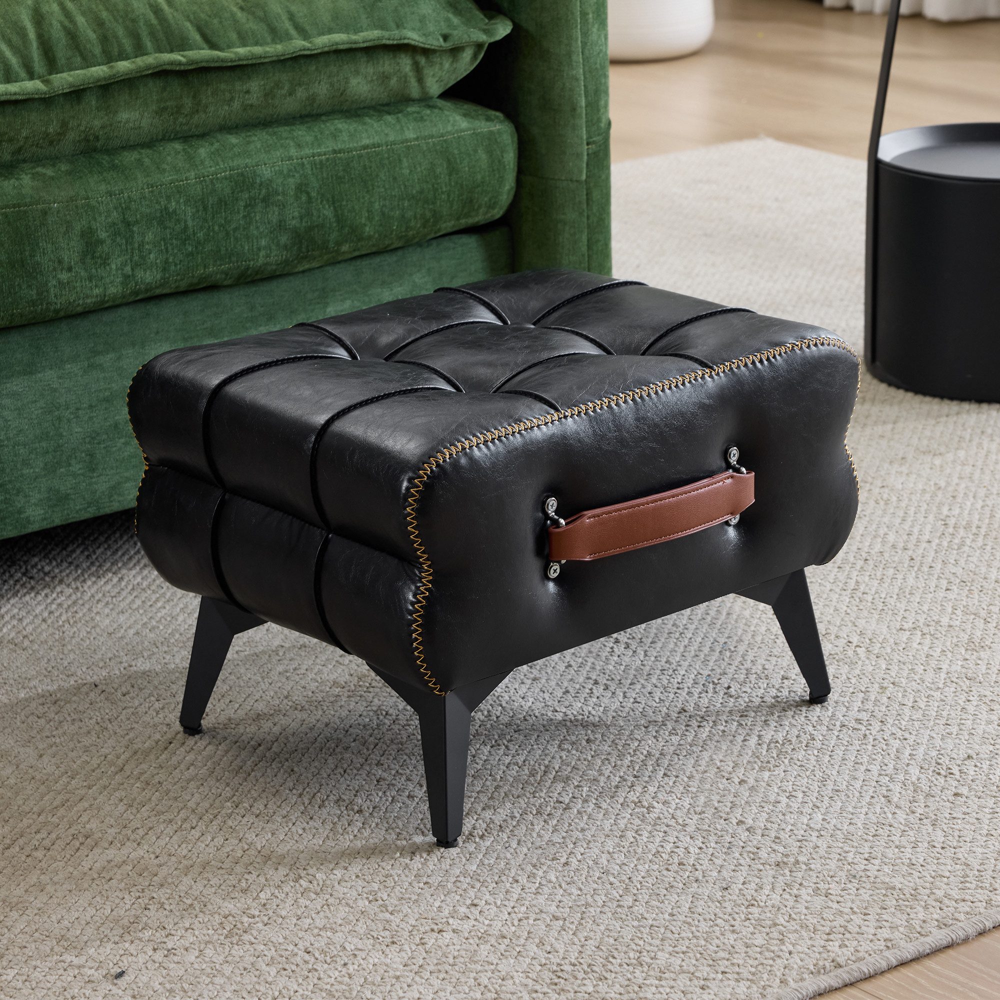 HAUSS SPOLE Polsterbank mit Metallbeinen,Fußhocker Polsterhocker mit Ledergriff,Schwarz (PU-Leder Hocker mit Tragegriff), Wohn- und Schlafzimmerhocker Polsterhocker im Retro-Stil