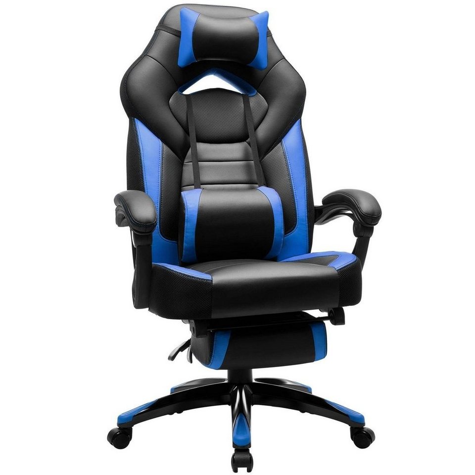 Blau Gaming Stuhl Bürostuhl Schreibtischstuhl Drehstuhl mit Kopfstütze Fußstütze