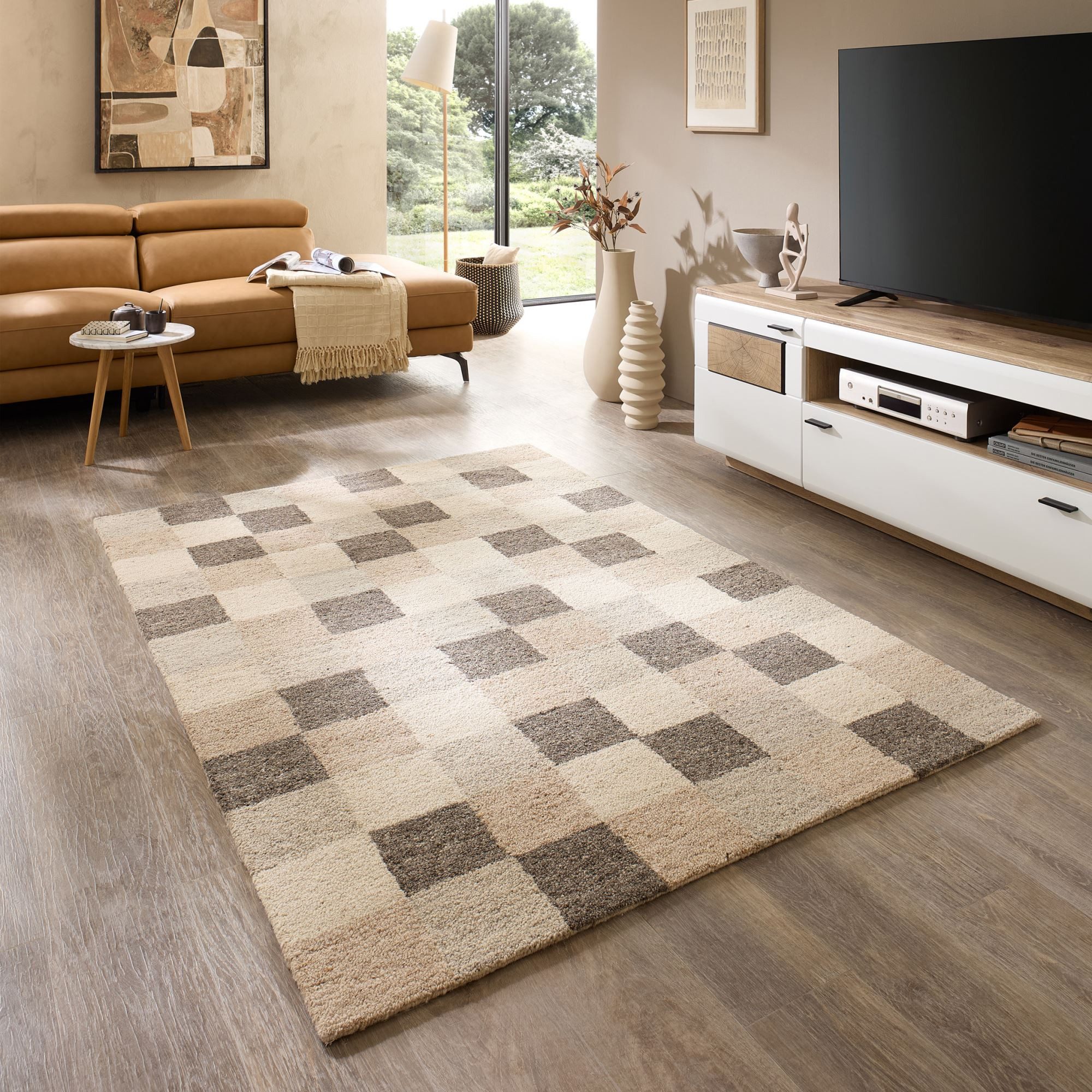 Natur Pur Teppich Natur Loop - handgetufteter moderner Wollteppich kariert, Rechteckig, moderner Handtuftteppich