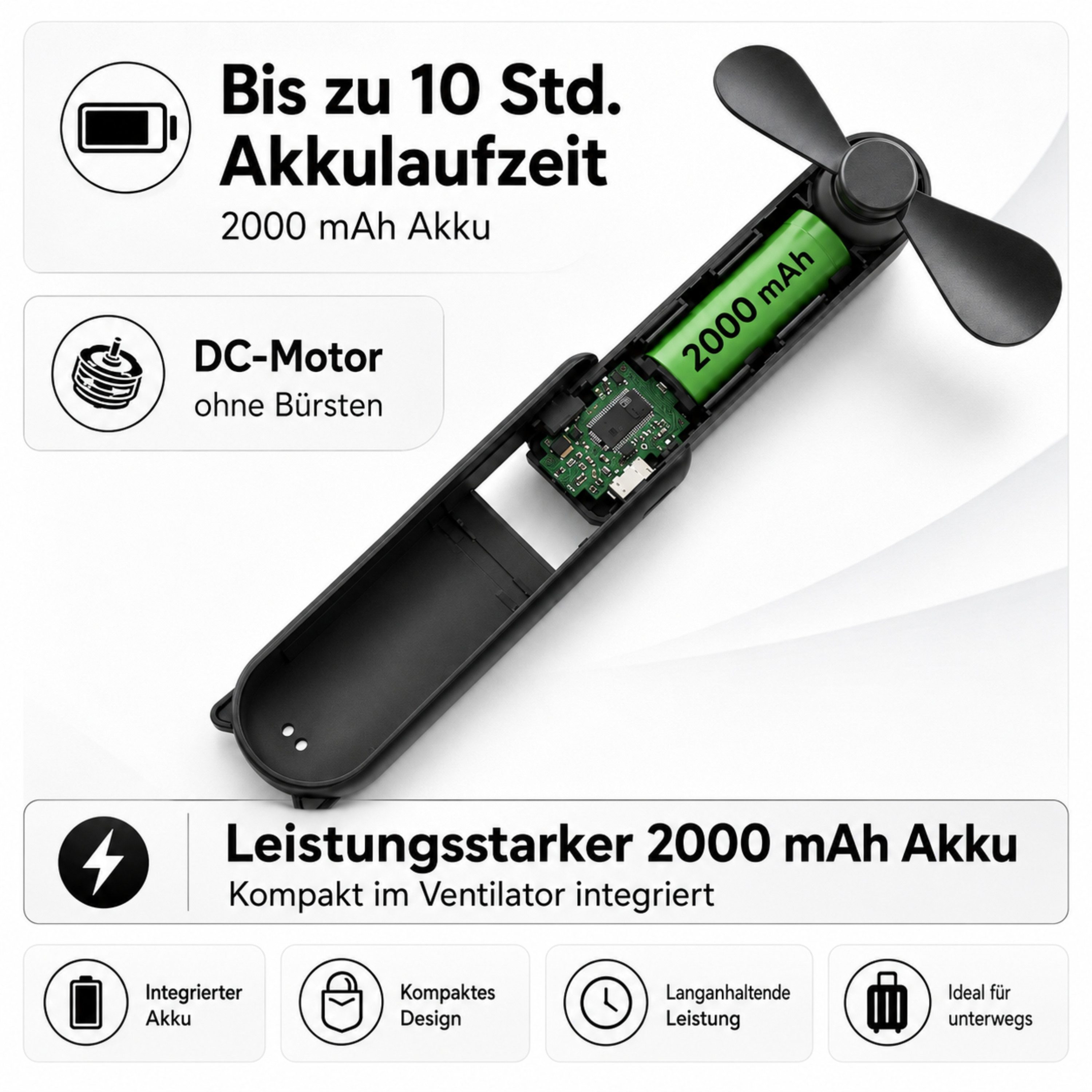 StellarLuma Handventilator Ventilator Handventilator USB Wiederaufladbar – Mobil, Leise, 3 Stufen, Kompakter, faltbarer Handventilator mit 3 Stufen und wiederaufladbar