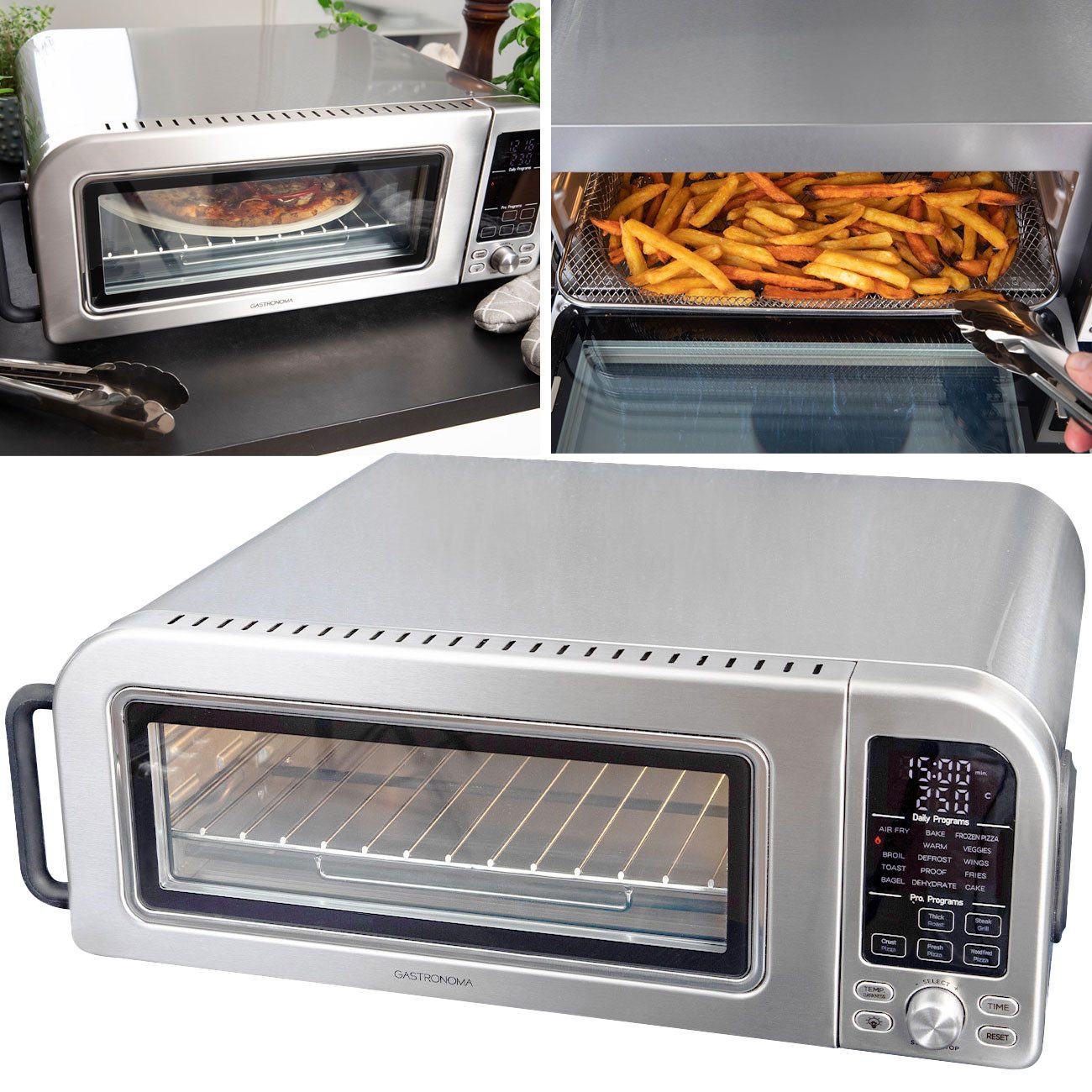 GASTRONOMA Pizzaofen Profi Pizzaofen 400C Air Fryer 2000W 18L mit Pizzastein 15 Programme, Temperaturbereich von 35 °C bis 400 °C, kabelgebunden