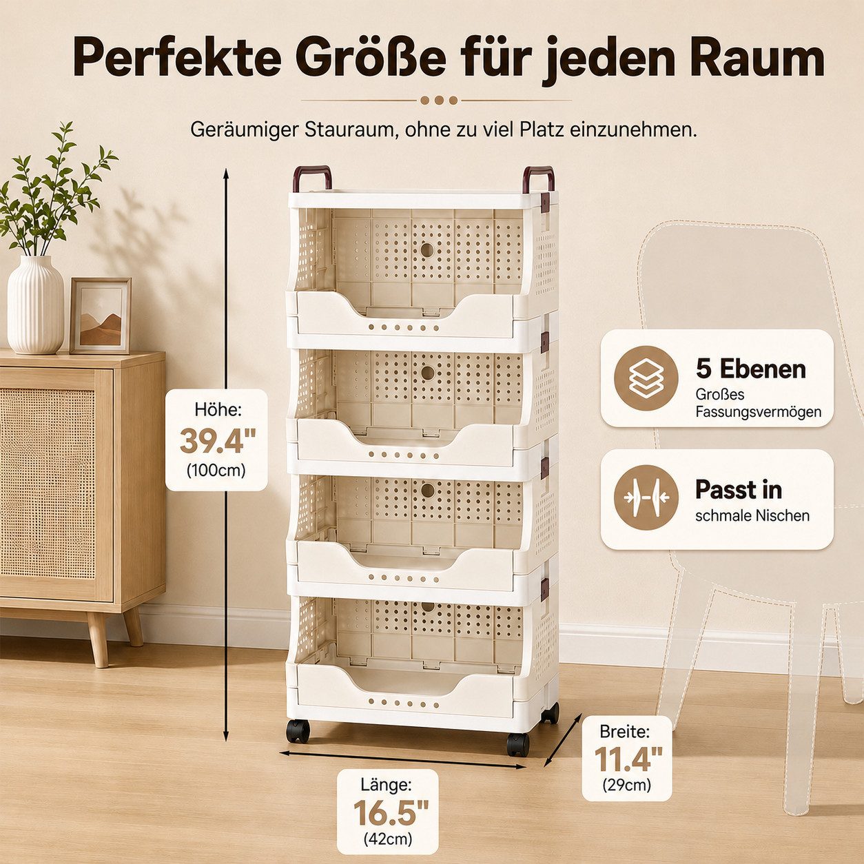 BlingBin Rollwagen Klappbarer Aufbewahrungswagen mit 4 Körben, Rollen und Ablage, (Ordnungswagen, 1 St., 1tlg), Küchenwagen, Beistellwagen, PP Kunststoff, Creme – Bild 2 von 5