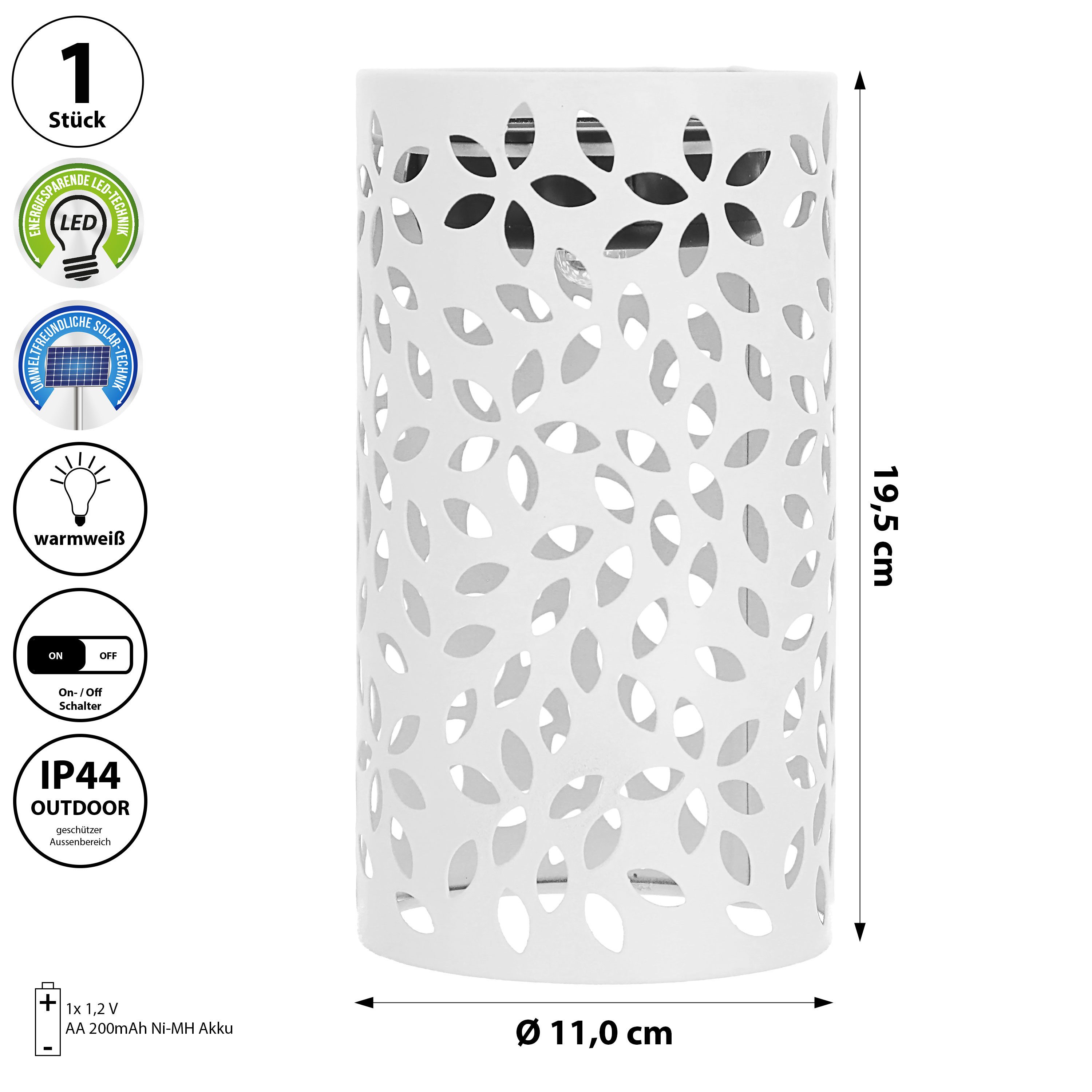 CEPEWA LED Laterne LED Solar Laterne 'Leafs' Eisen 11x19,5cm weiß Blattmuster gestanzt