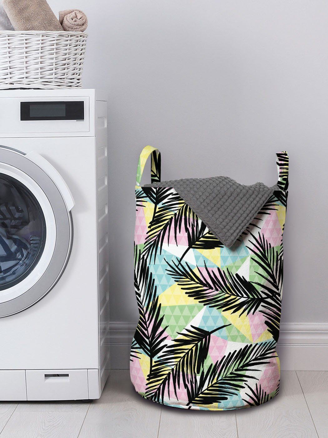 für Wäschesäckchen Griffen Abakuhaus Bunt Elemente Kordelzugverschluss Wäschekorb mit Palms Geometrische Waschsalons,