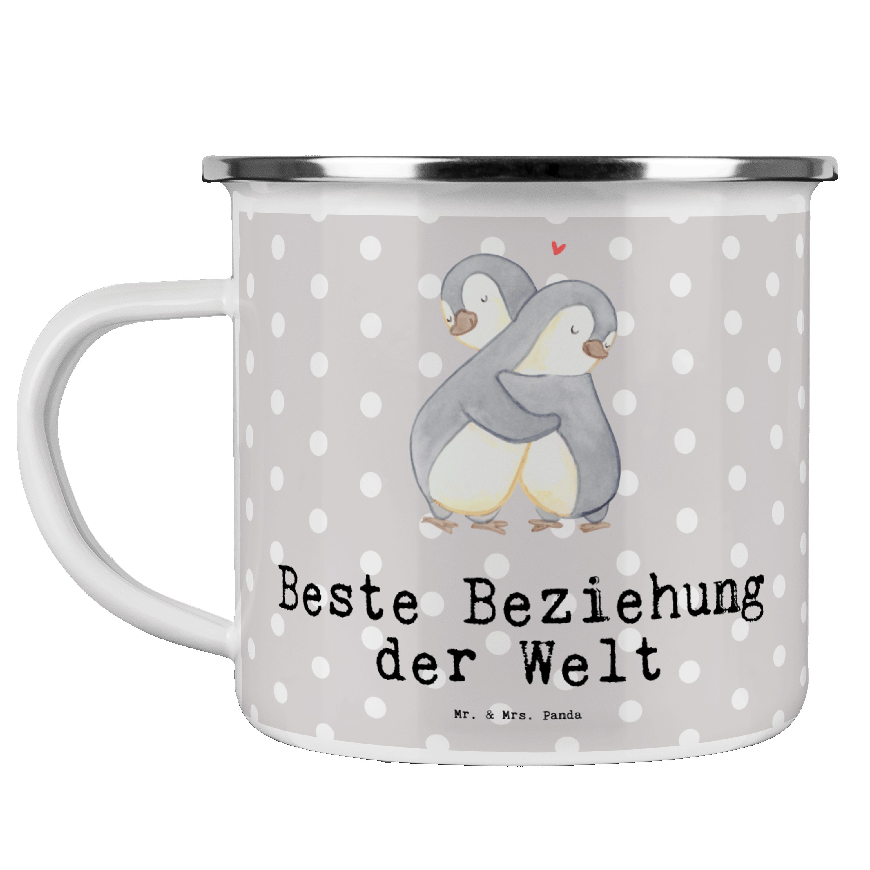 Mr. & Mrs. Panda Becher Pinguin Beste Beziehung der Welt - Grau Pastell - Geschenk, Verlieb, Emaille