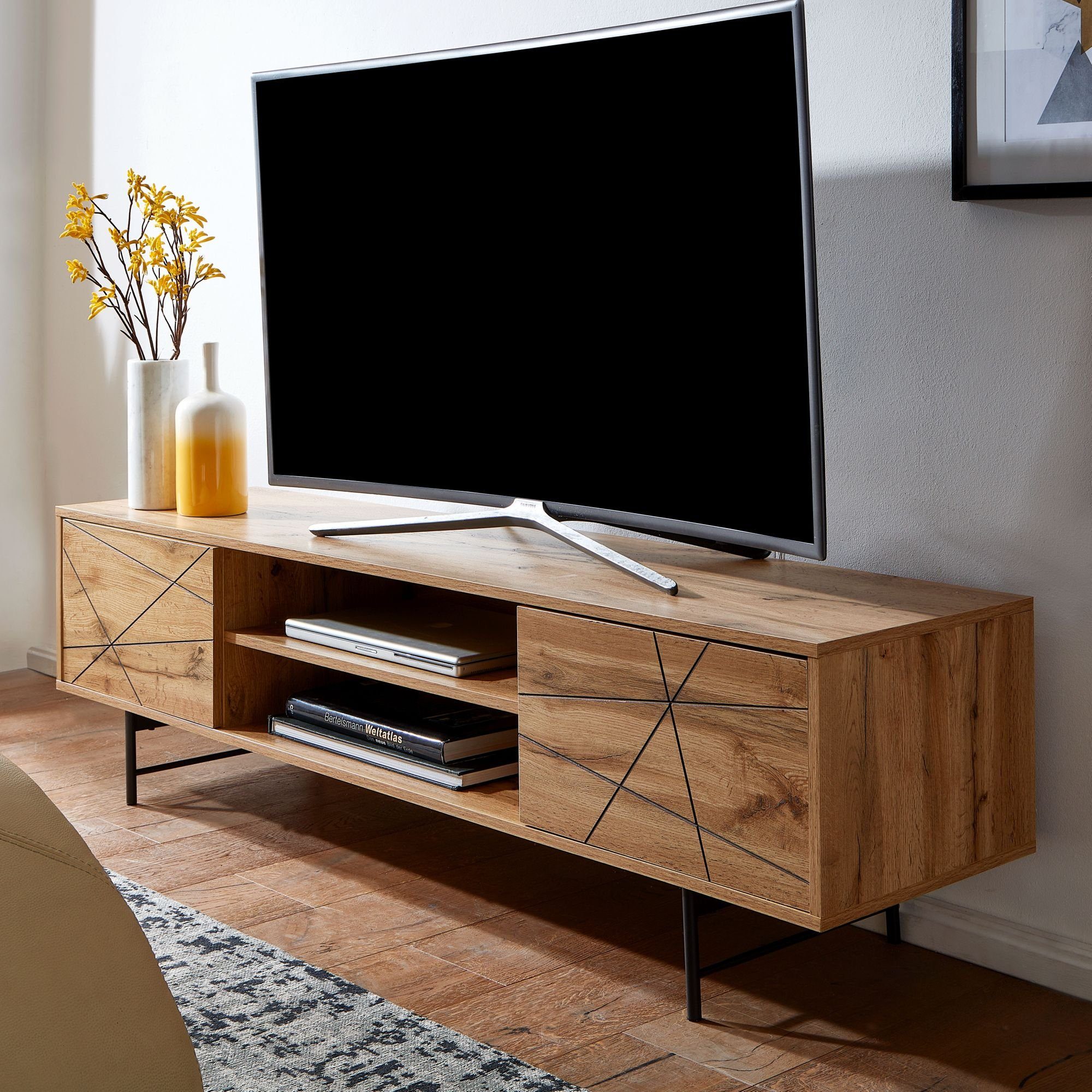 FINEBUY Lowboard FB76449 (Holz Eiche-Dekor 160x45x40 cm mit zwei Türen), TV- Kommode Hoch, TV-Schrank Modern, Fernsehtisch