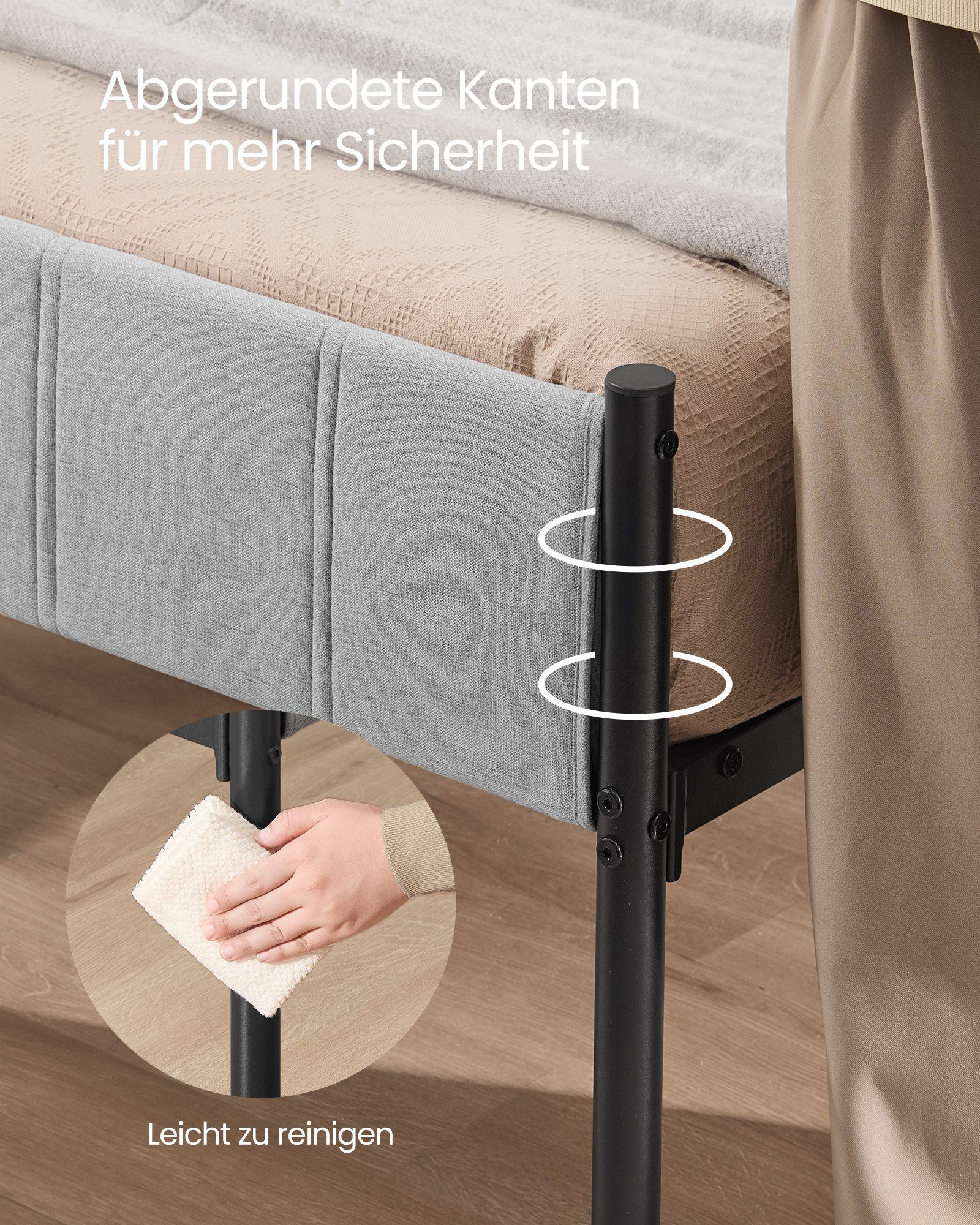 VASAGLE Polsterbett Einzelbettgestell Bettrahmen (140 x 200 cm, geräuschlos), 140 x 200 cm, einfache Montage, mit gepolstertem Kopfteil, Bettgestell – Bild 4 von 5