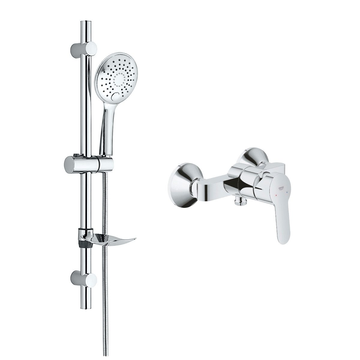 Grohe Duscharmatur BauEdge Duschsystem mit Einhandarmatur, Brause, Duschstange & Schlauch (Spar-Set) Chrom Duschset mit 1,5m Schlauch & Seifenhalter, ohne Regendusche