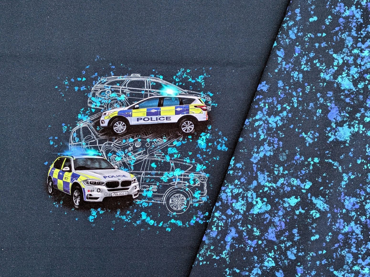 Corileo Stoff Eigenproduktion French Terry Panel Polizei Verkehr Blau ca.65 x 165