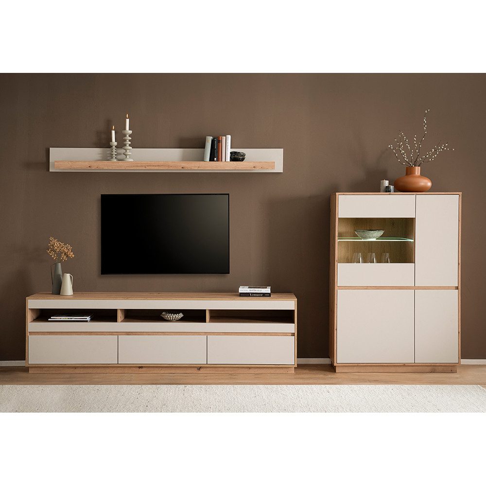 Lomadox Wohnzimmer-Set SITTEN-61, (Mega-Spar-Set, 3-St., Vitrine inkl. Beleuchtung Lowboard Wandboard), Eiche mit Kaschmir Beige, inkl. Beleuchtung, Türen mit Softclose