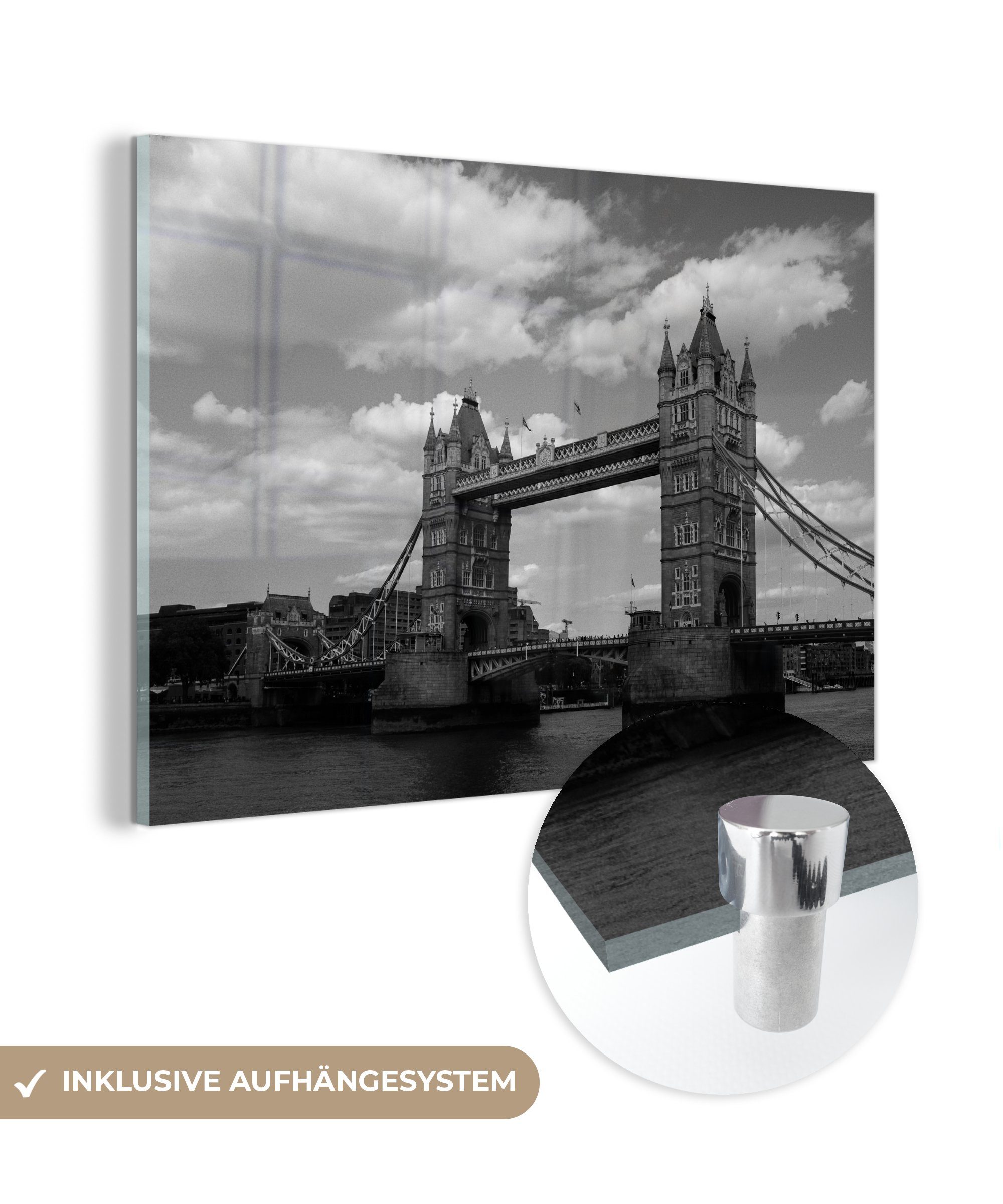 MuchoWow Acrylglasbild Schwarz-Weiß-Bild der ikonischen Tower Bridge in London, (1 St), Acrylglasbilder Wohnzimmer & Schlafzimmer