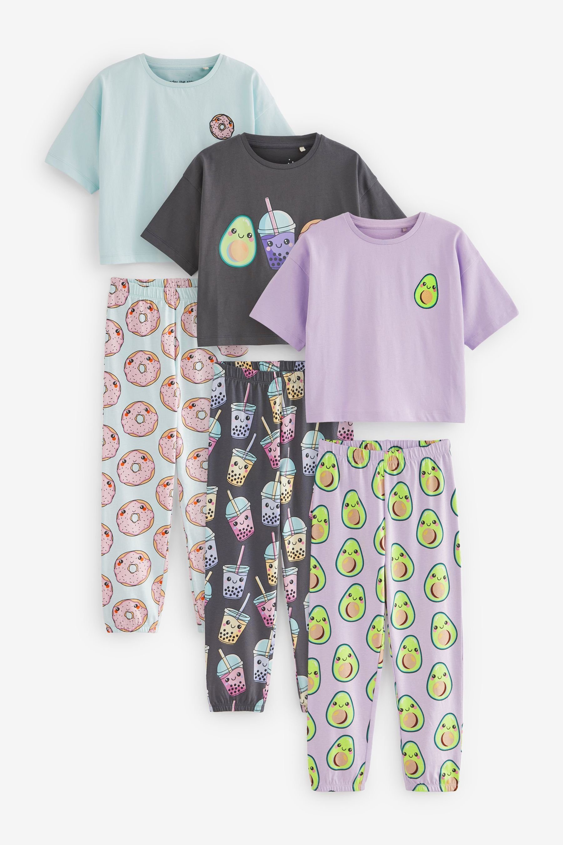 Next Pyjama Schlafanzug mit Jogginghose, 3er-Pack (6 tlg) Avocado/Bubble Tea/Doughnut