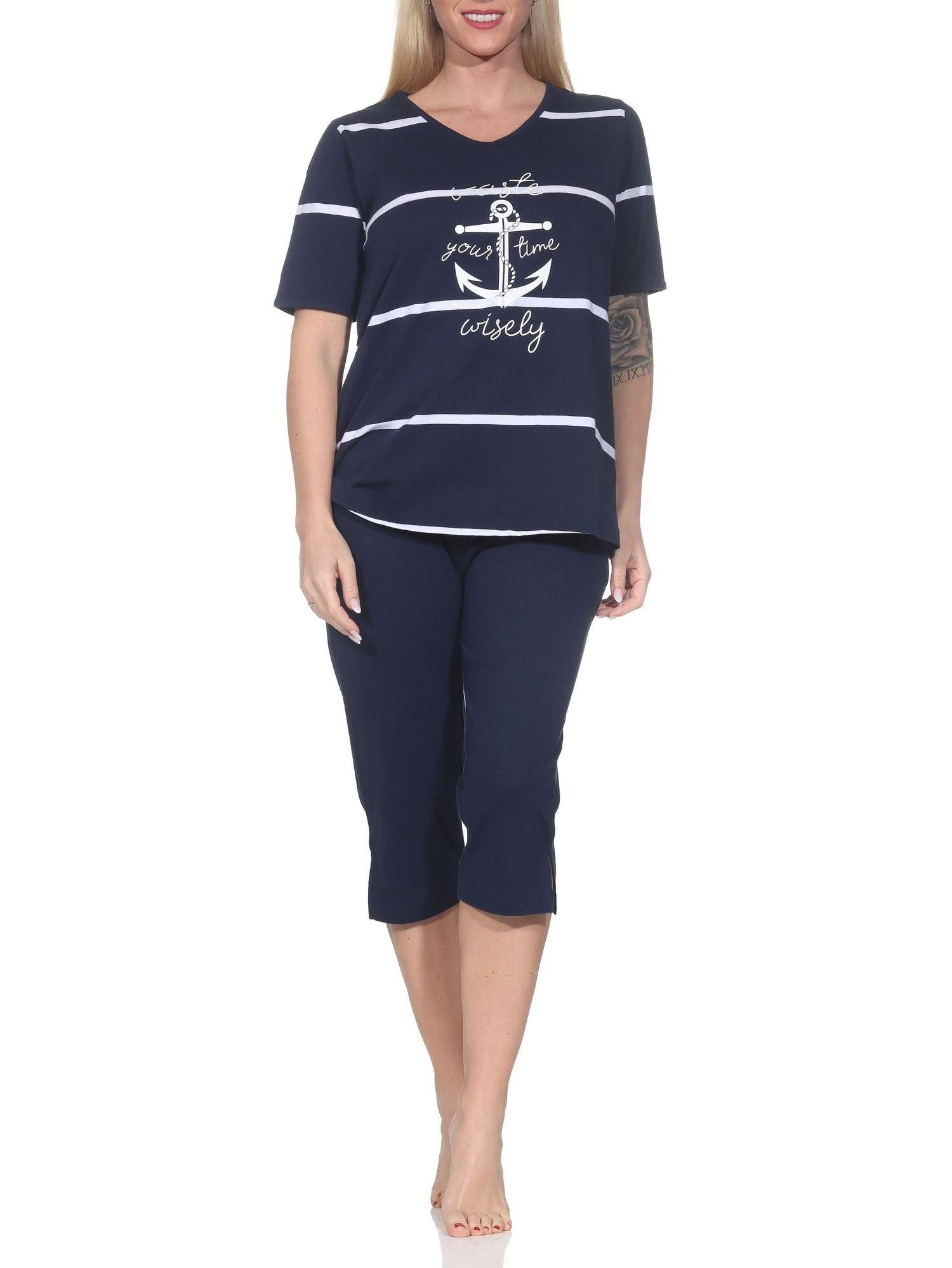 Normann Pyjama Maritimer Damen kurzarm Capri Schlafanzug mit Anker Motiv
